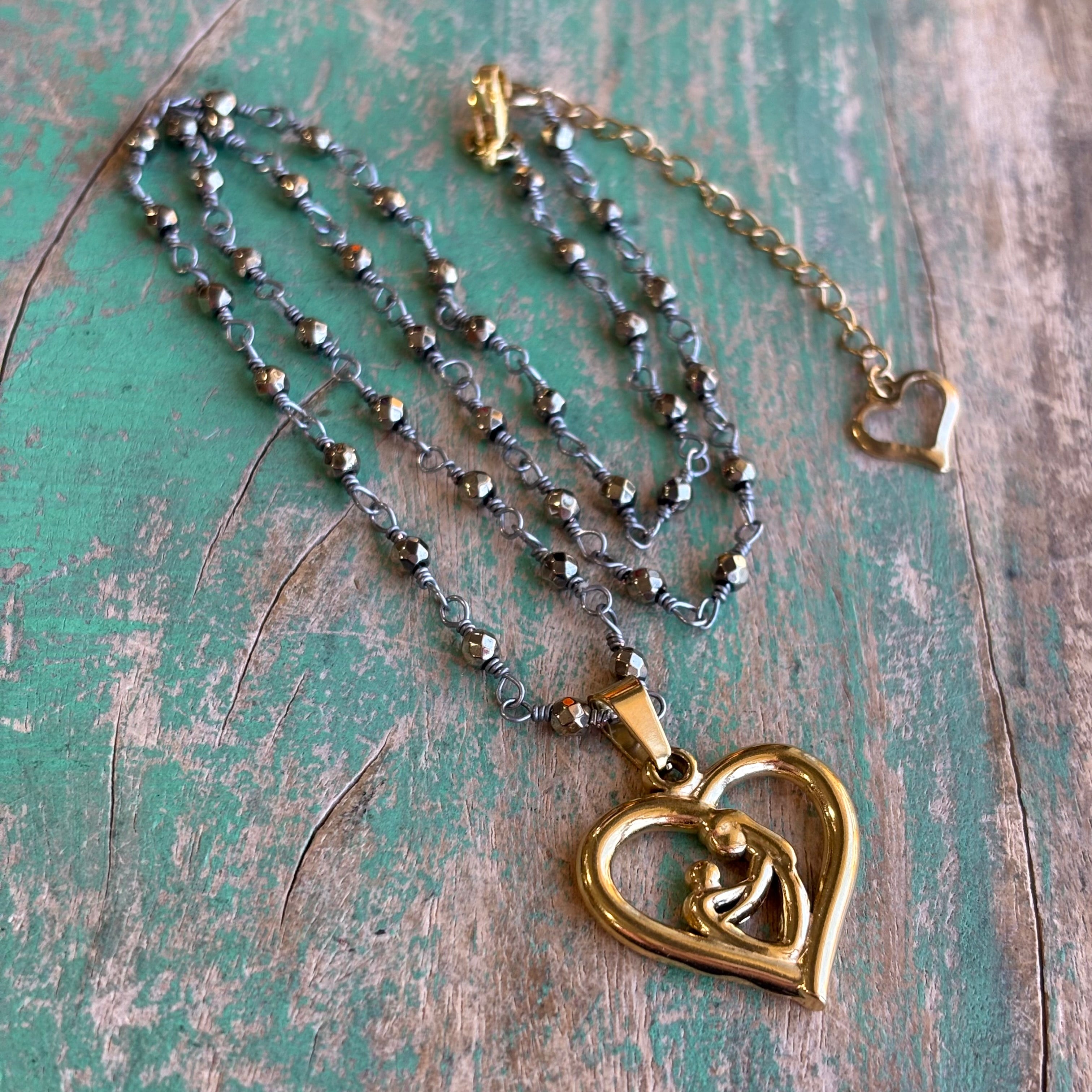 Hematite Gold Sacred Heart Mama Necklace