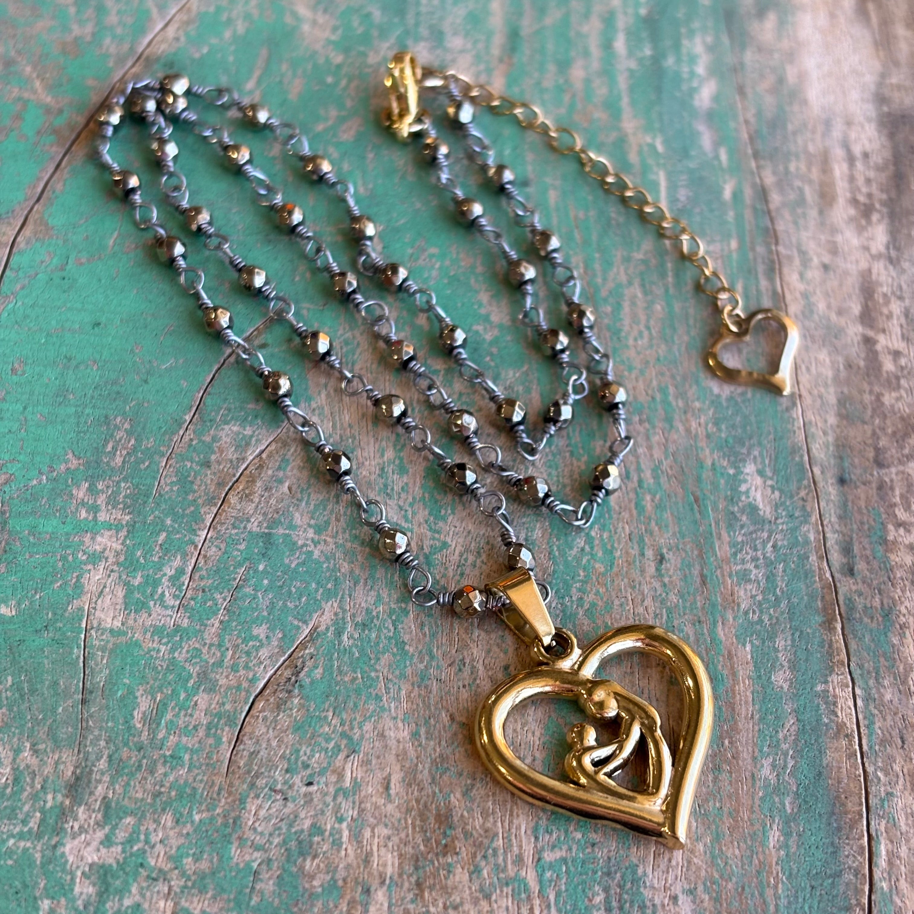 Hematite Gold Sacred Heart Mama Necklace