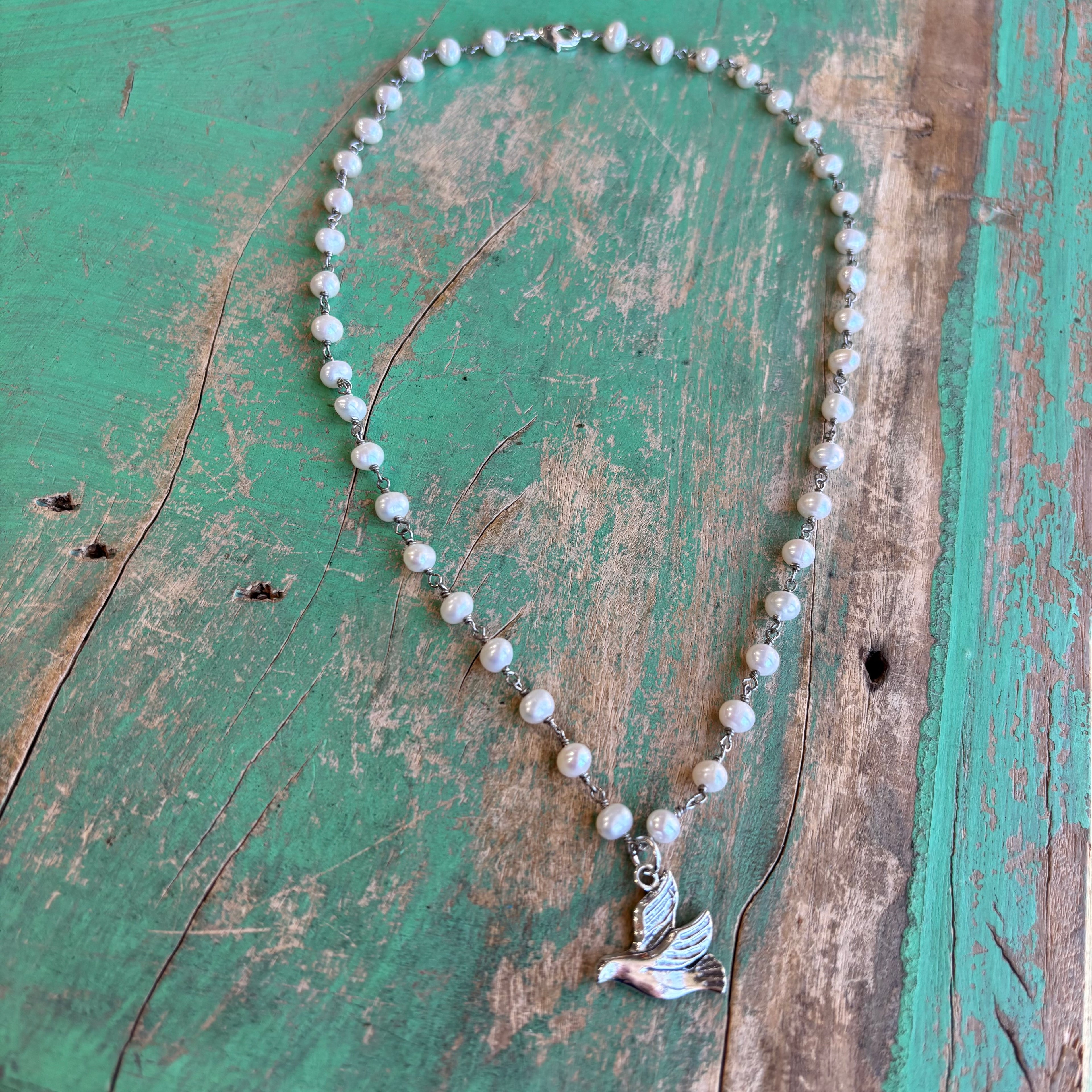 Sterling Silver Freshwater Pearl Flying Holy Spirit Dove Necklace