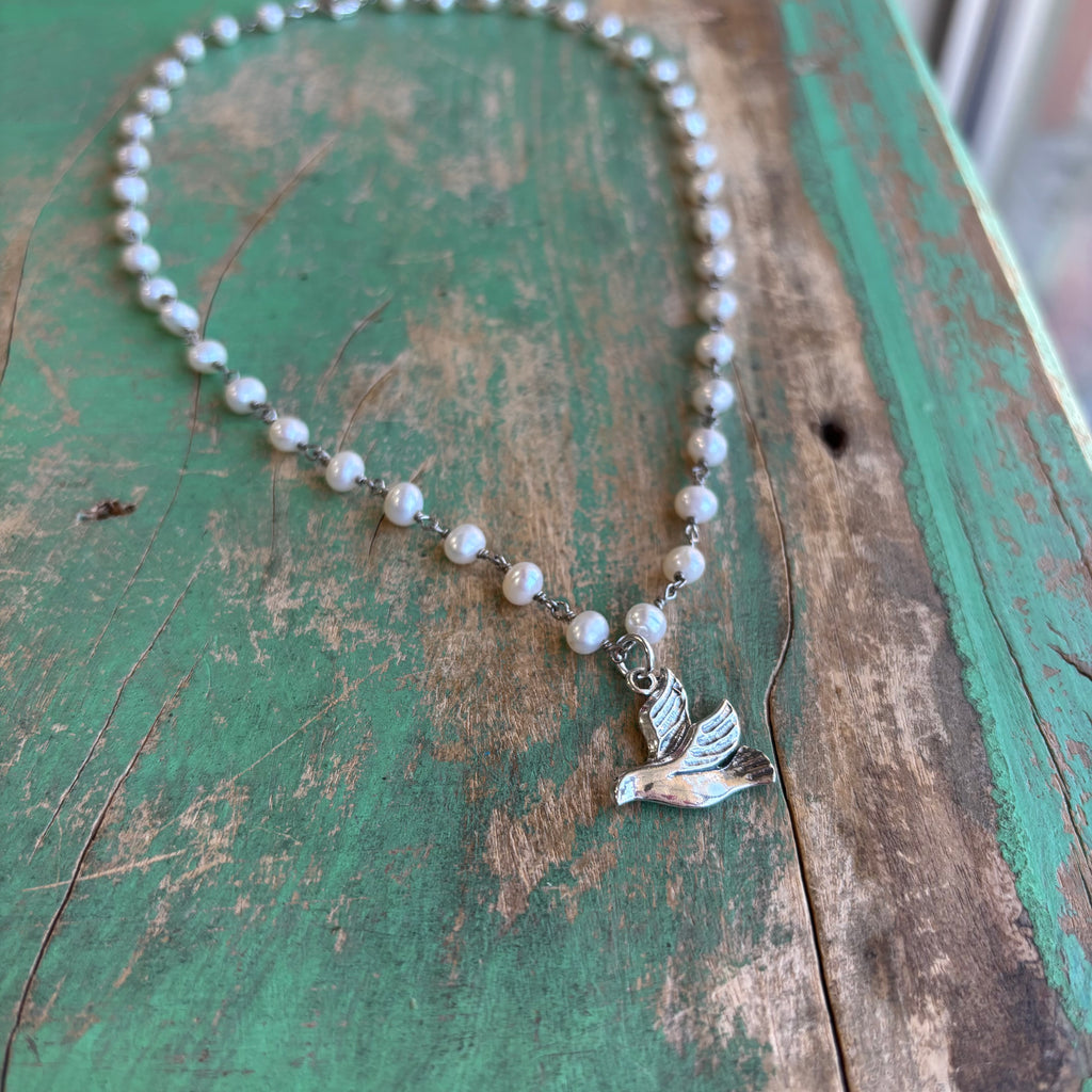 Sterling Silver Freshwater Pearl Flying Holy Spirit Dove Necklace
