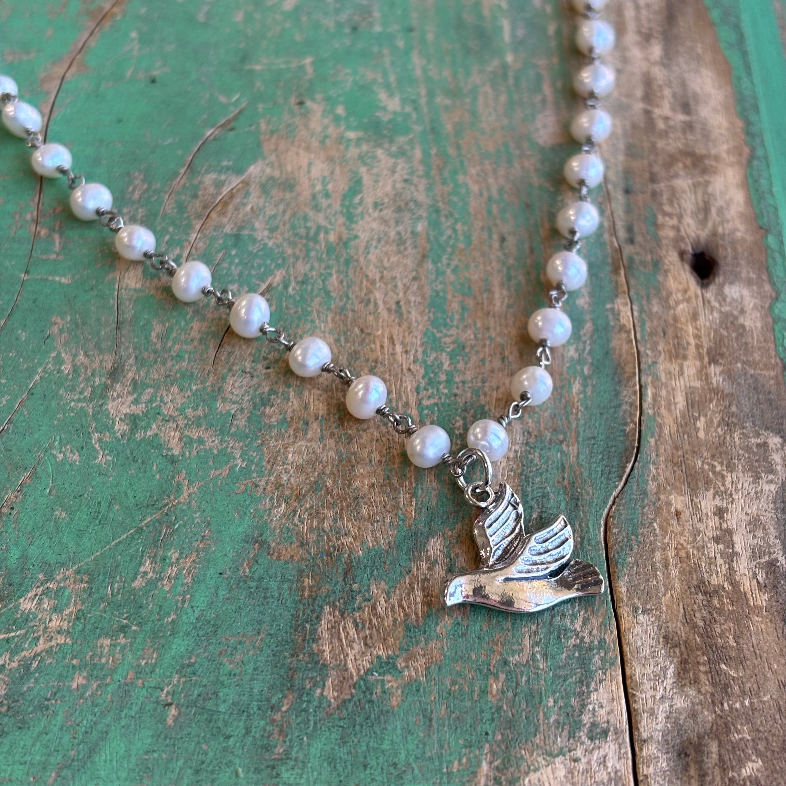 Sterling Silver Freshwater Pearl Flying Holy Spirit Dove Necklace