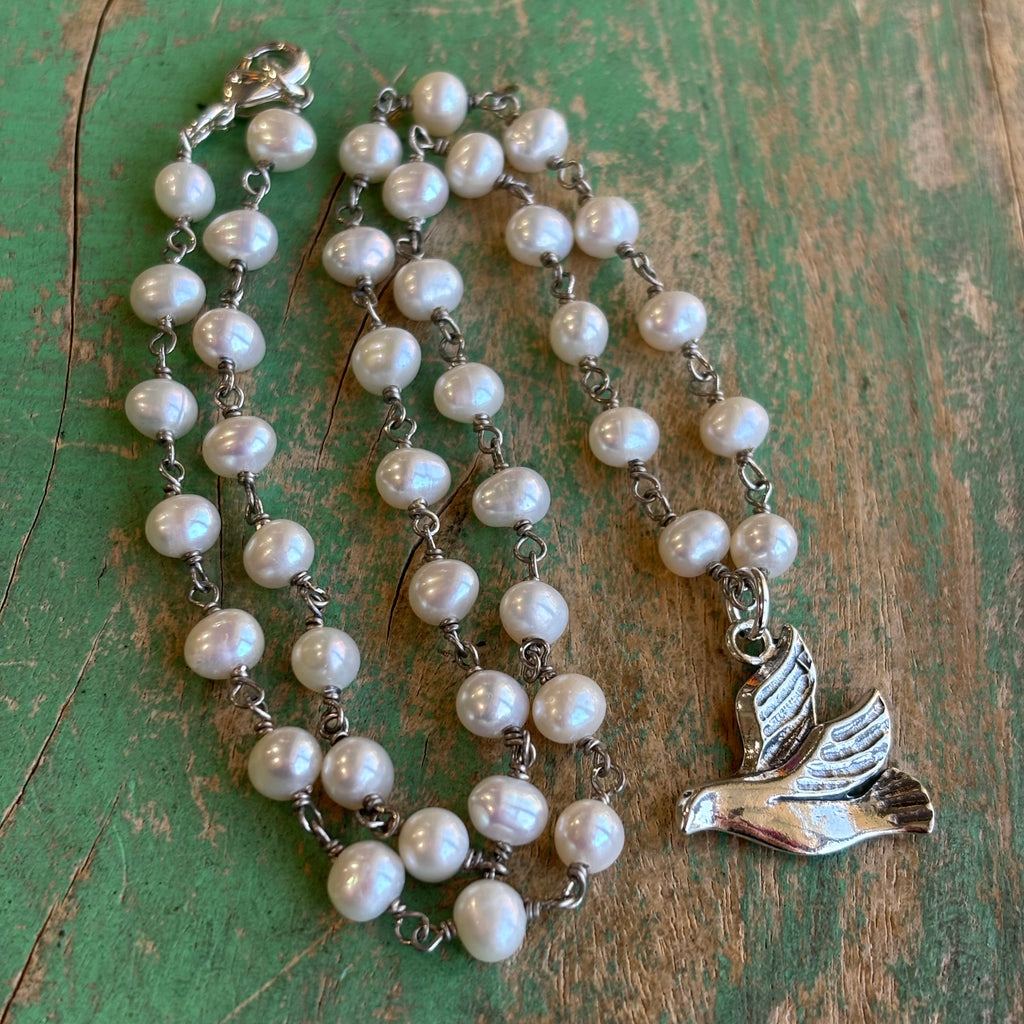 Sterling Silver Freshwater Pearl Flying Holy Spirit Dove Necklace