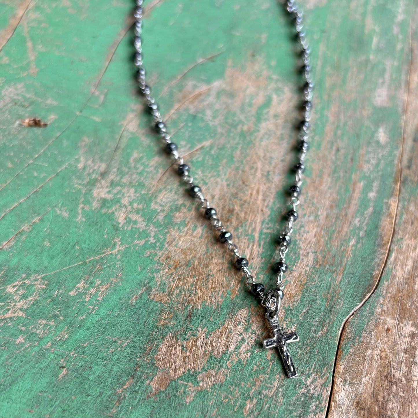 Tiny Sterling Silver Crucifix on Hematite Necklace