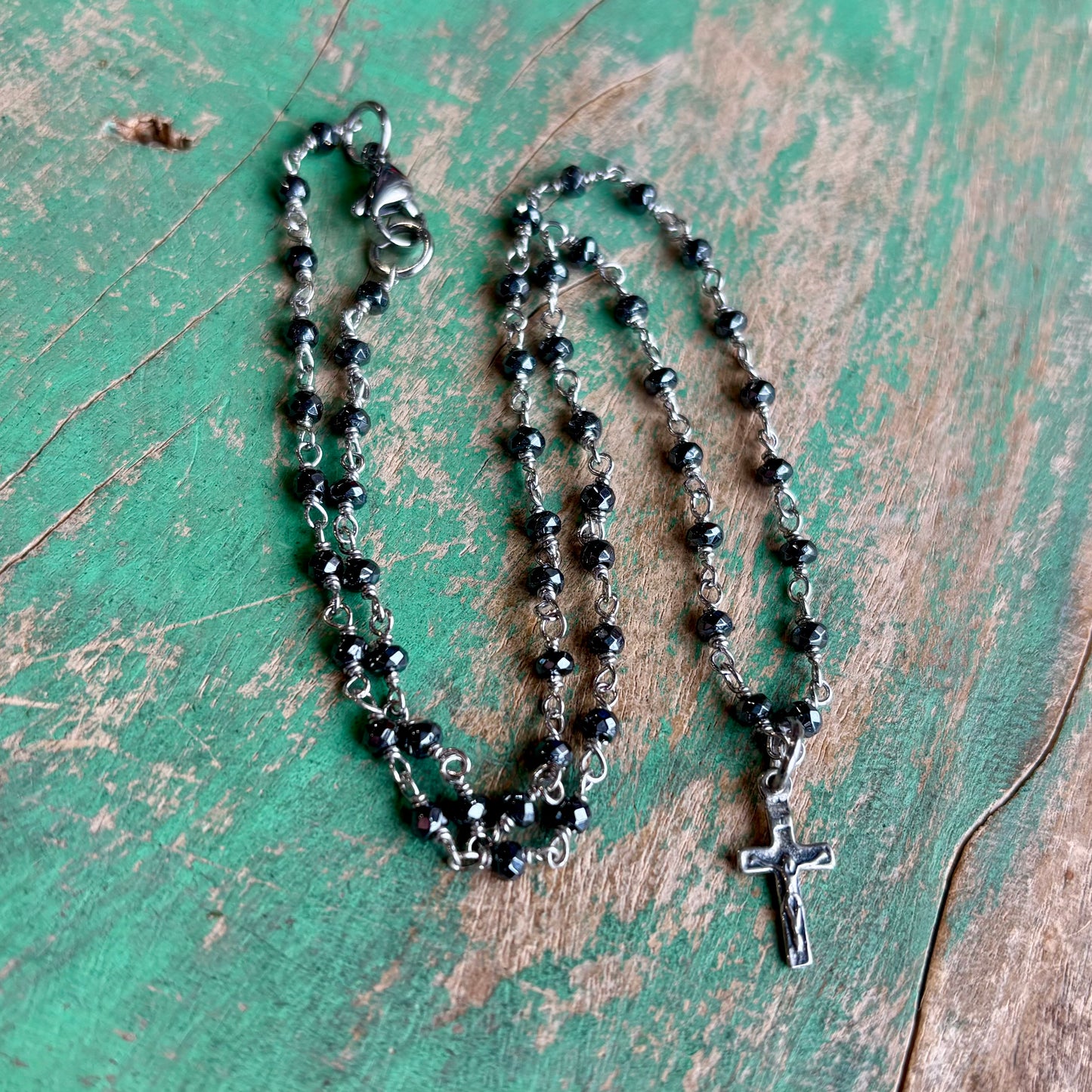 Tiny Sterling Silver Crucifix on Hematite Necklace