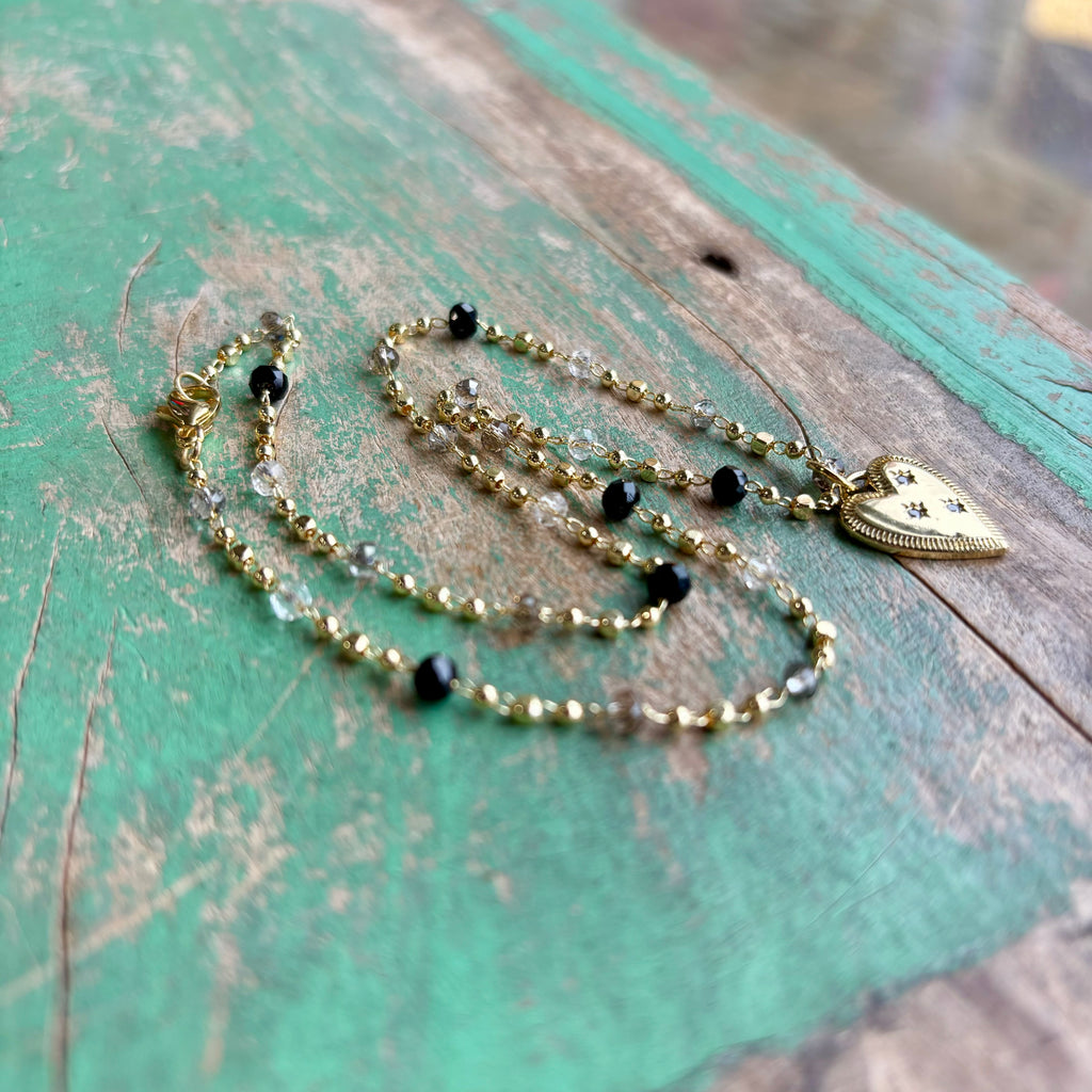 Black, Gold and Crystal Heart Necklace