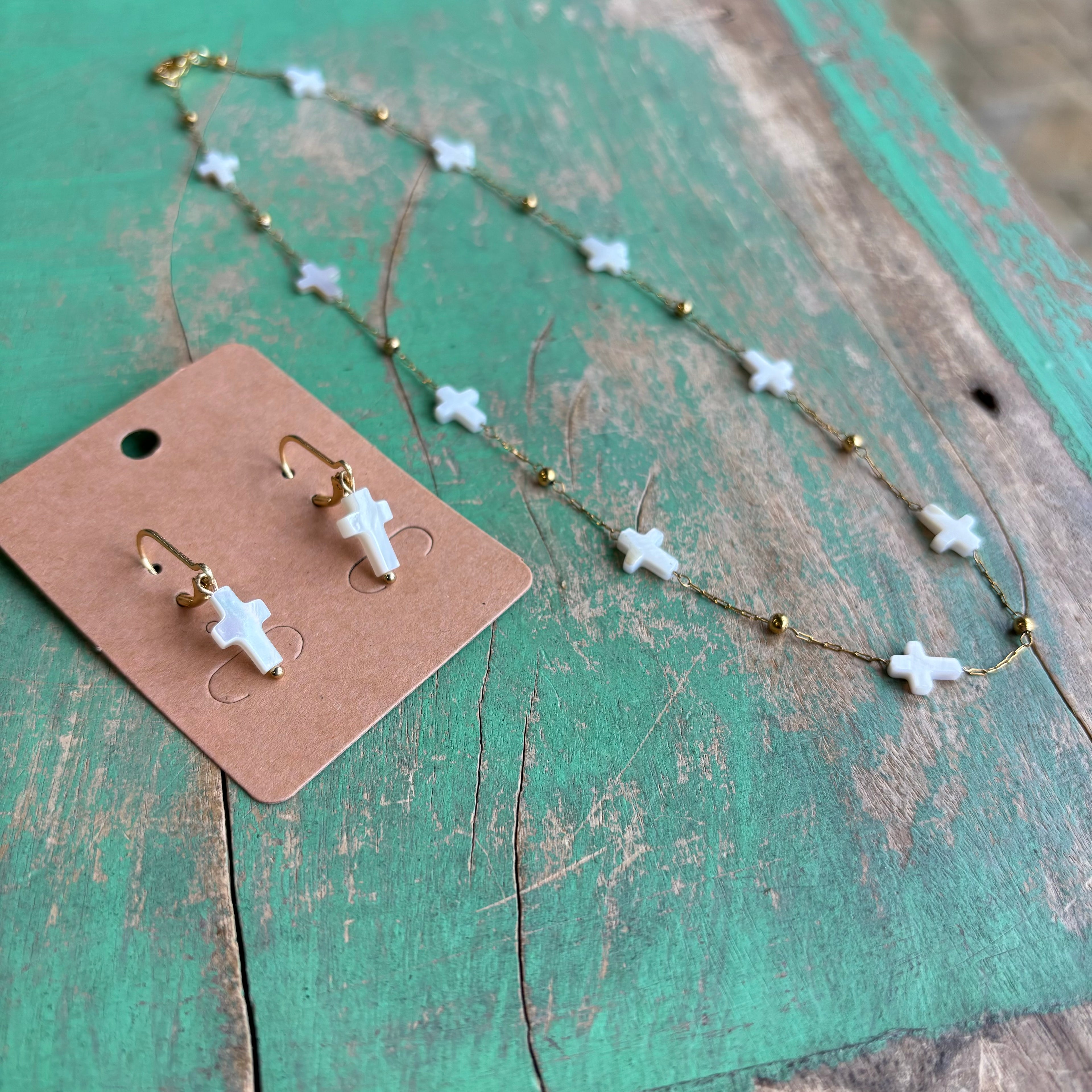 Mini Shell Cross Necklace or Earrings