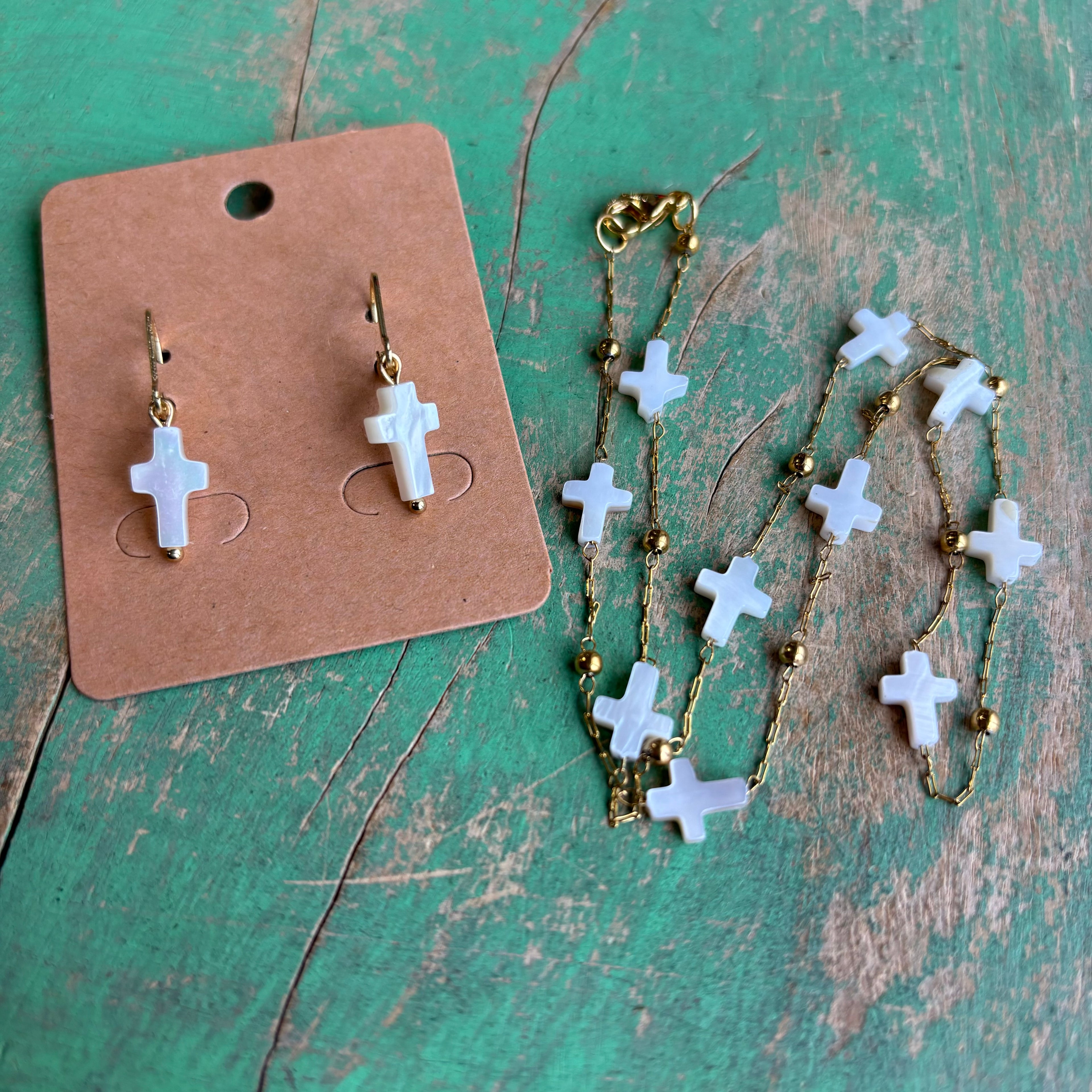 Mini Shell Cross Necklace or Earrings