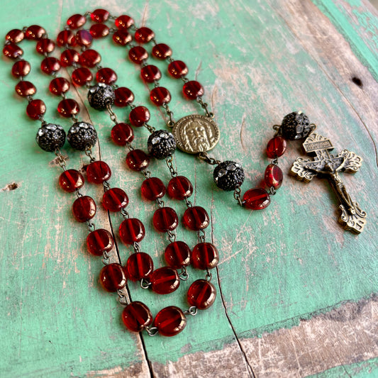 Red Czech Glass Rosary with Shroud of Turin Face of Jesus