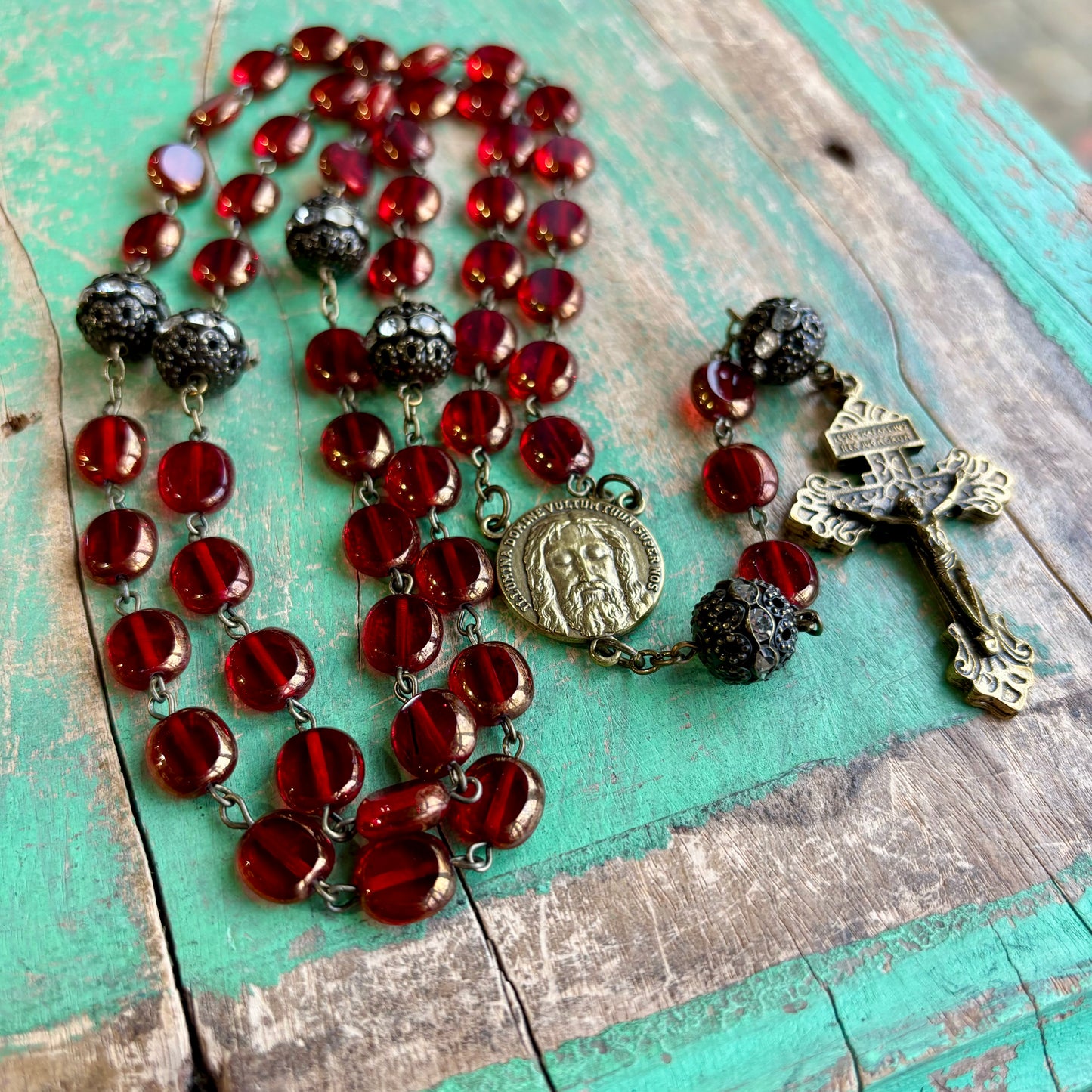 Red Czech Glass Rosary with Shroud of Turin Face of Jesus