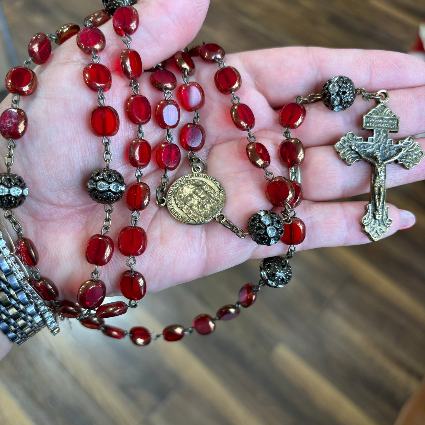 Red Czech Glass Rosary with Shroud of Turin Face of Jesus