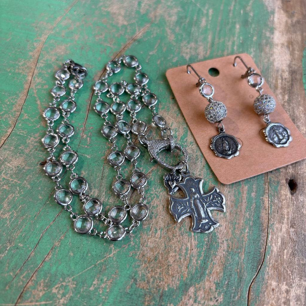 Clear Glass Bead Clasp Necklace and Earrings