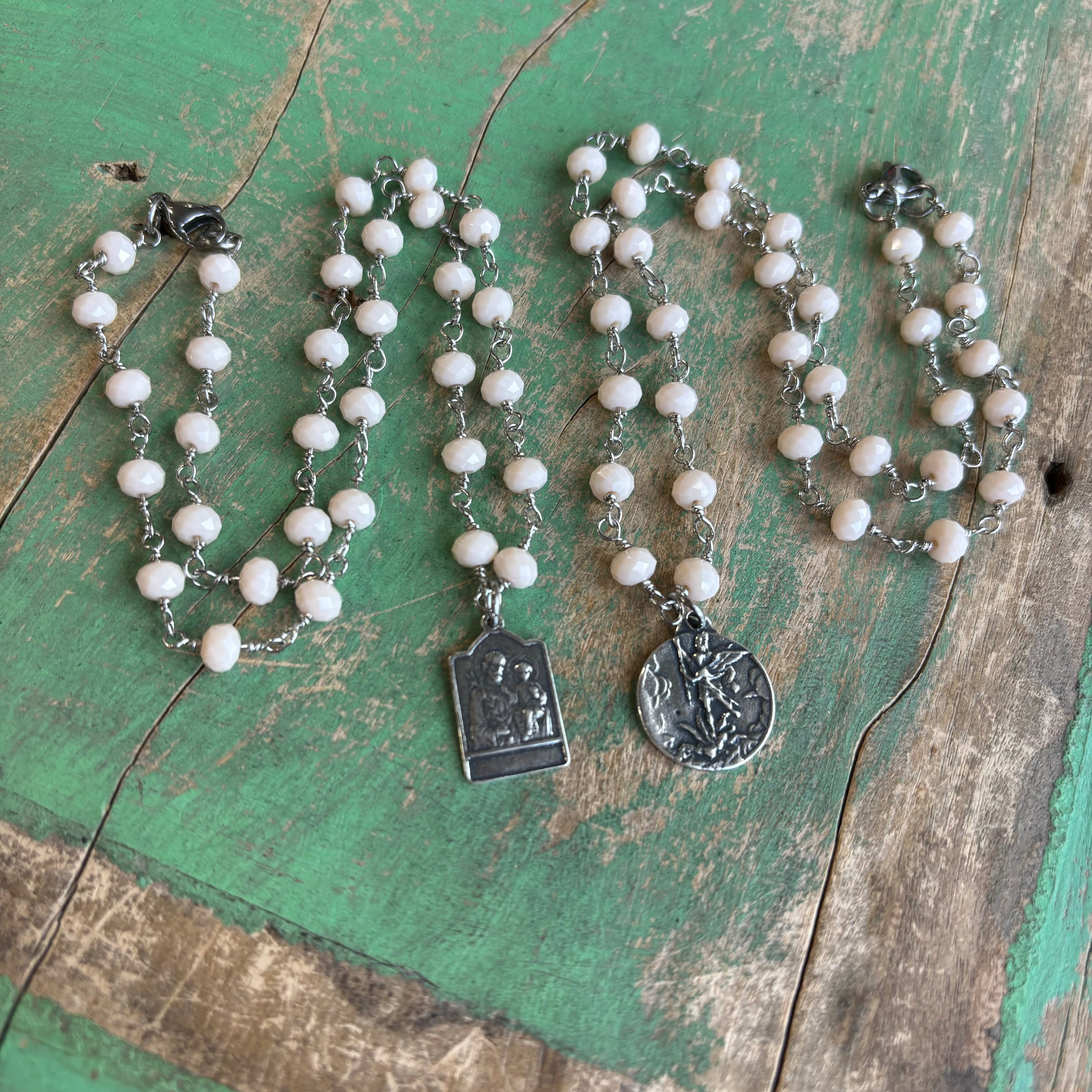 White Cream Beaded Saint Necklace