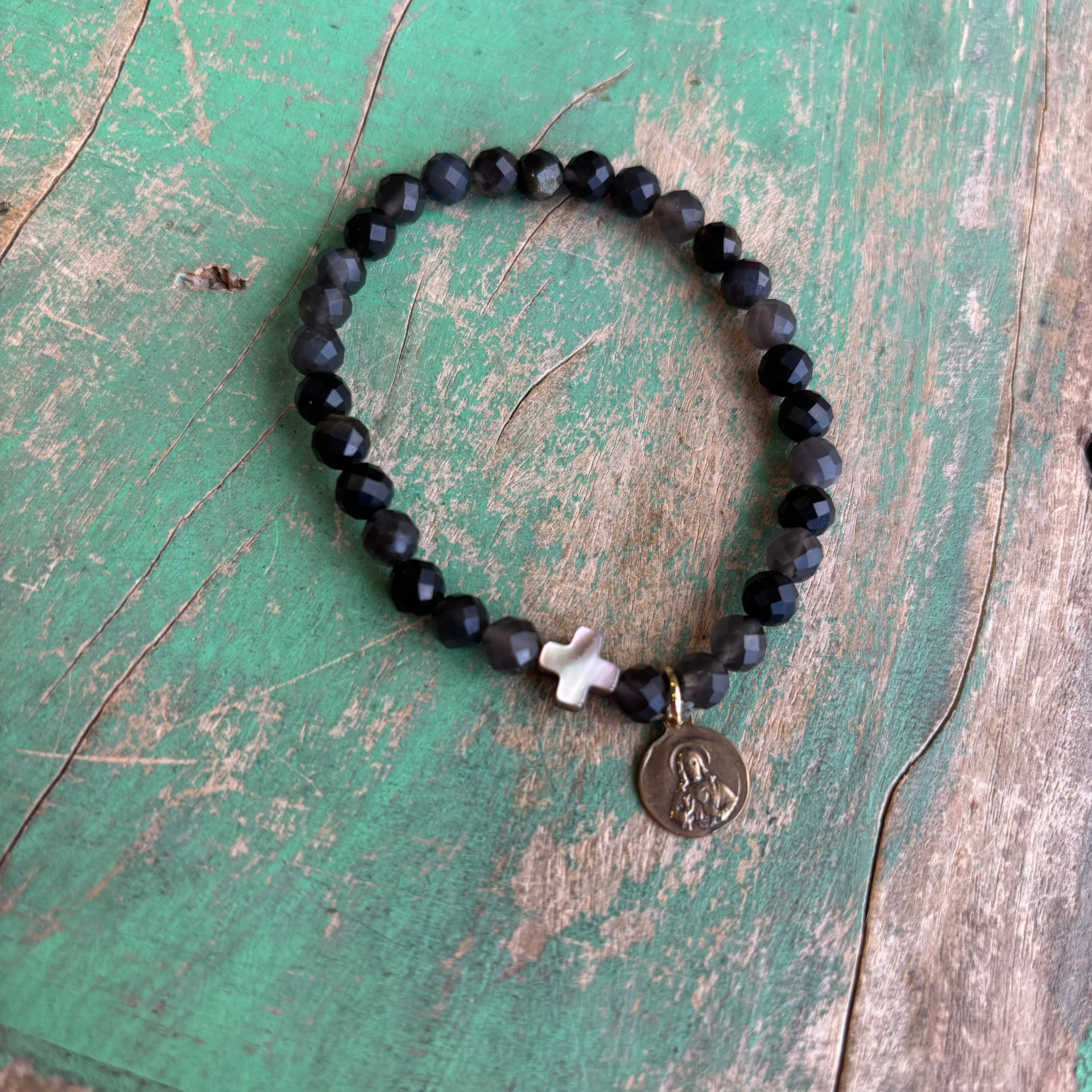 Bronze Scapular Medal Matte Agate Bracelet