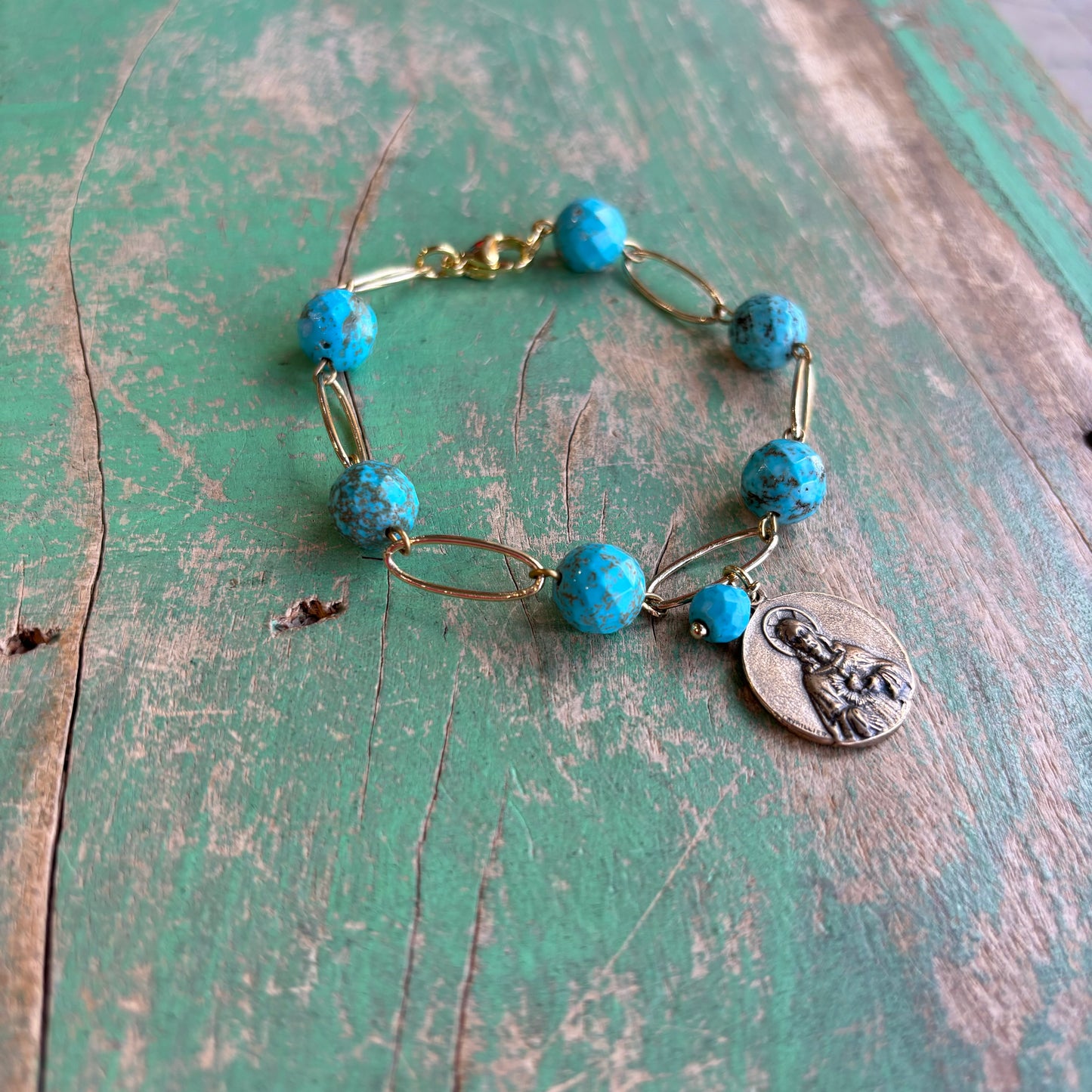 Turquoise Gold Bronze Scapular Bracelet