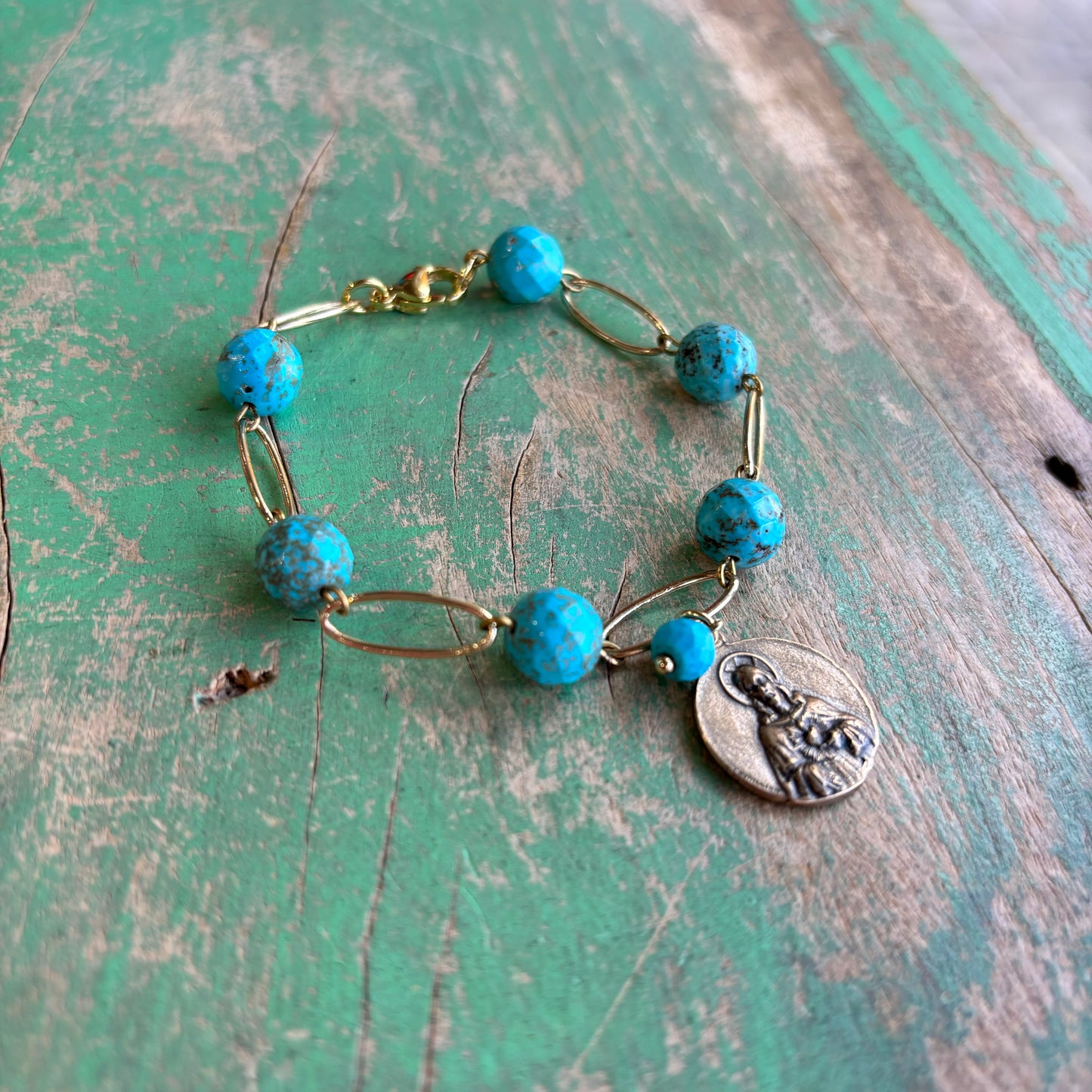 Turquoise Gold Bronze Scapular Bracelet