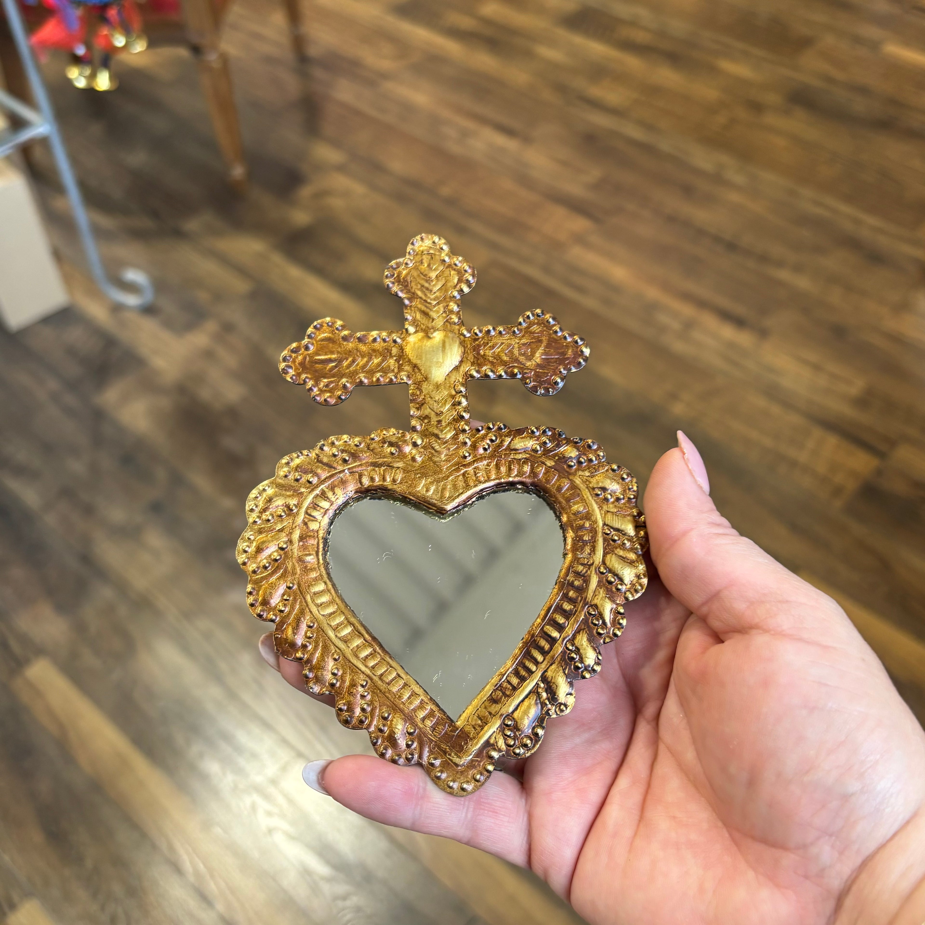 Cross on Heart Tin Mirror