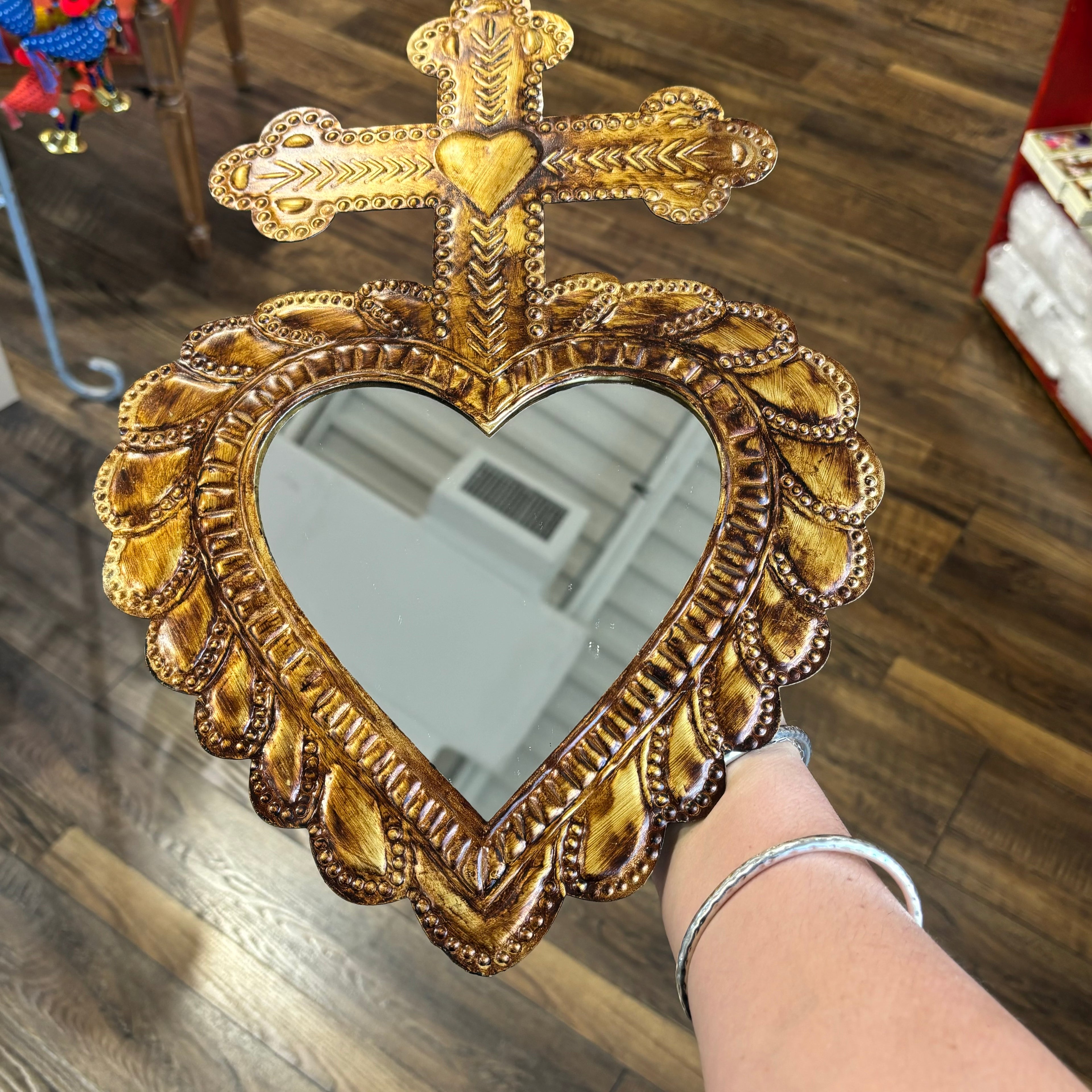 Cross on Heart Tin Mirror