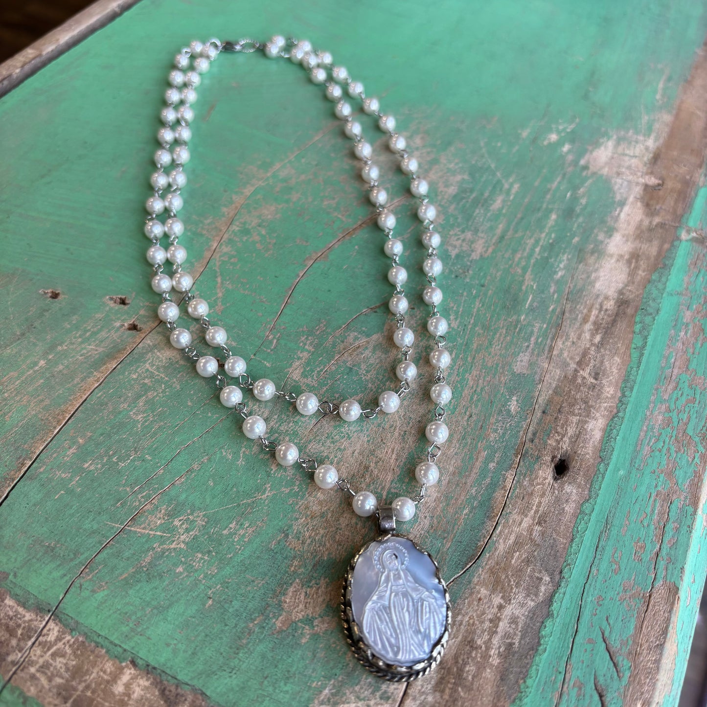 Mother of Pearl Our Lady of Grace Double Strand Necklace