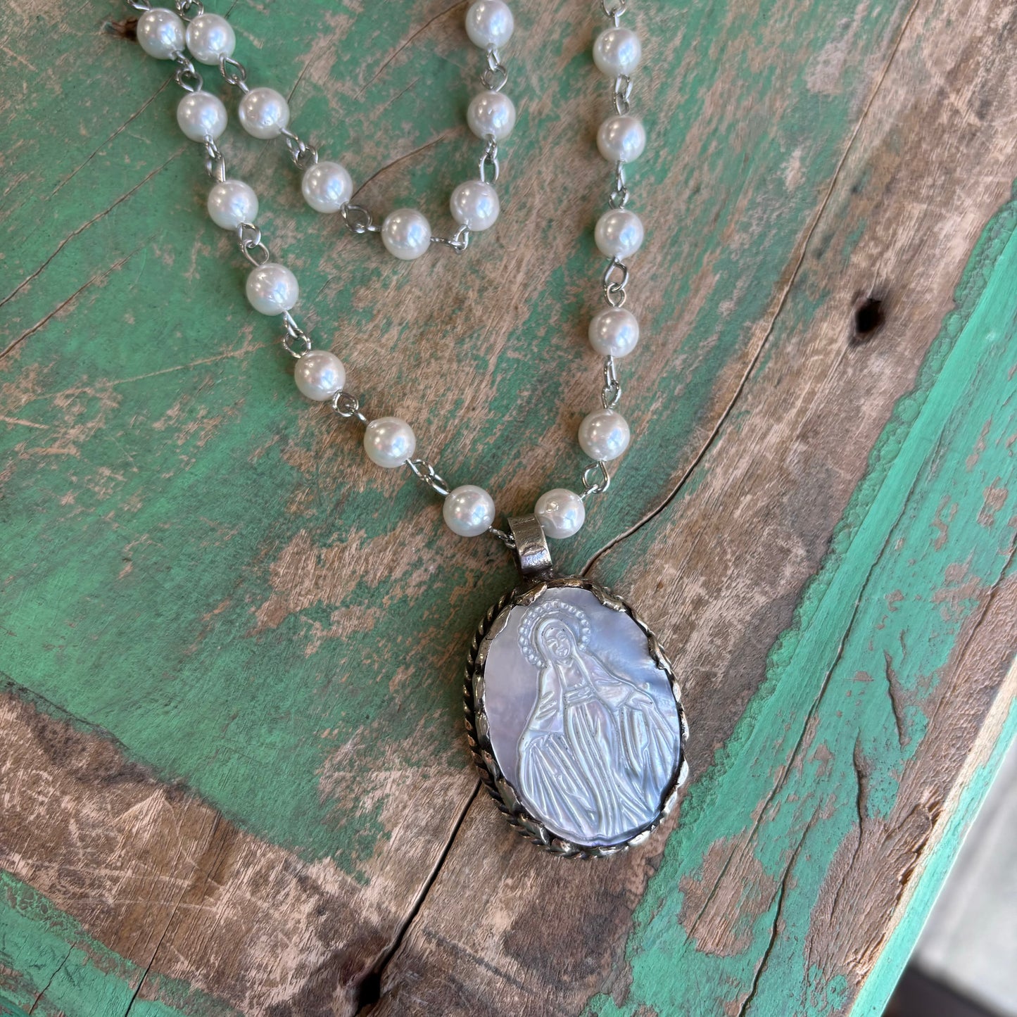 Mother of Pearl Our Lady of Grace Double Strand Necklace