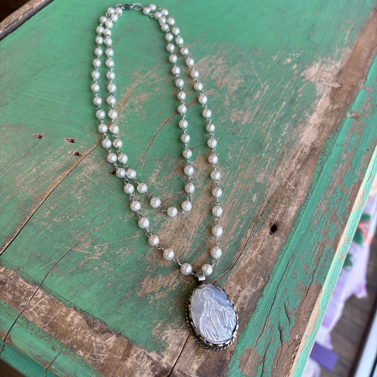 Mother of Pearl Our Lady of Grace Double Strand Necklace