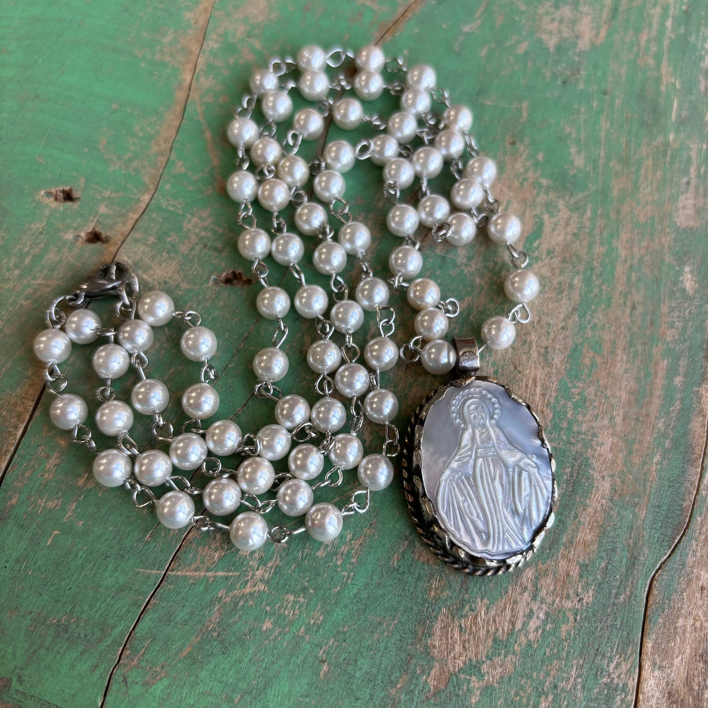 Mother of Pearl Our Lady of Grace Double Strand Necklace