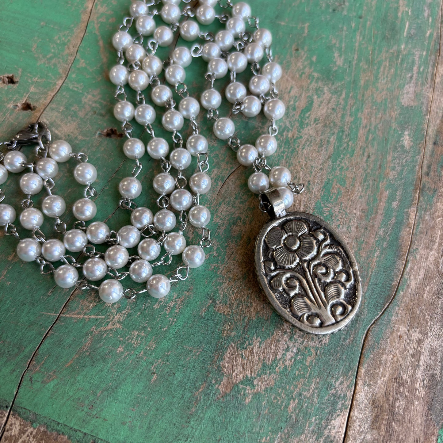 Mother of Pearl Our Lady of Grace Double Strand Necklace