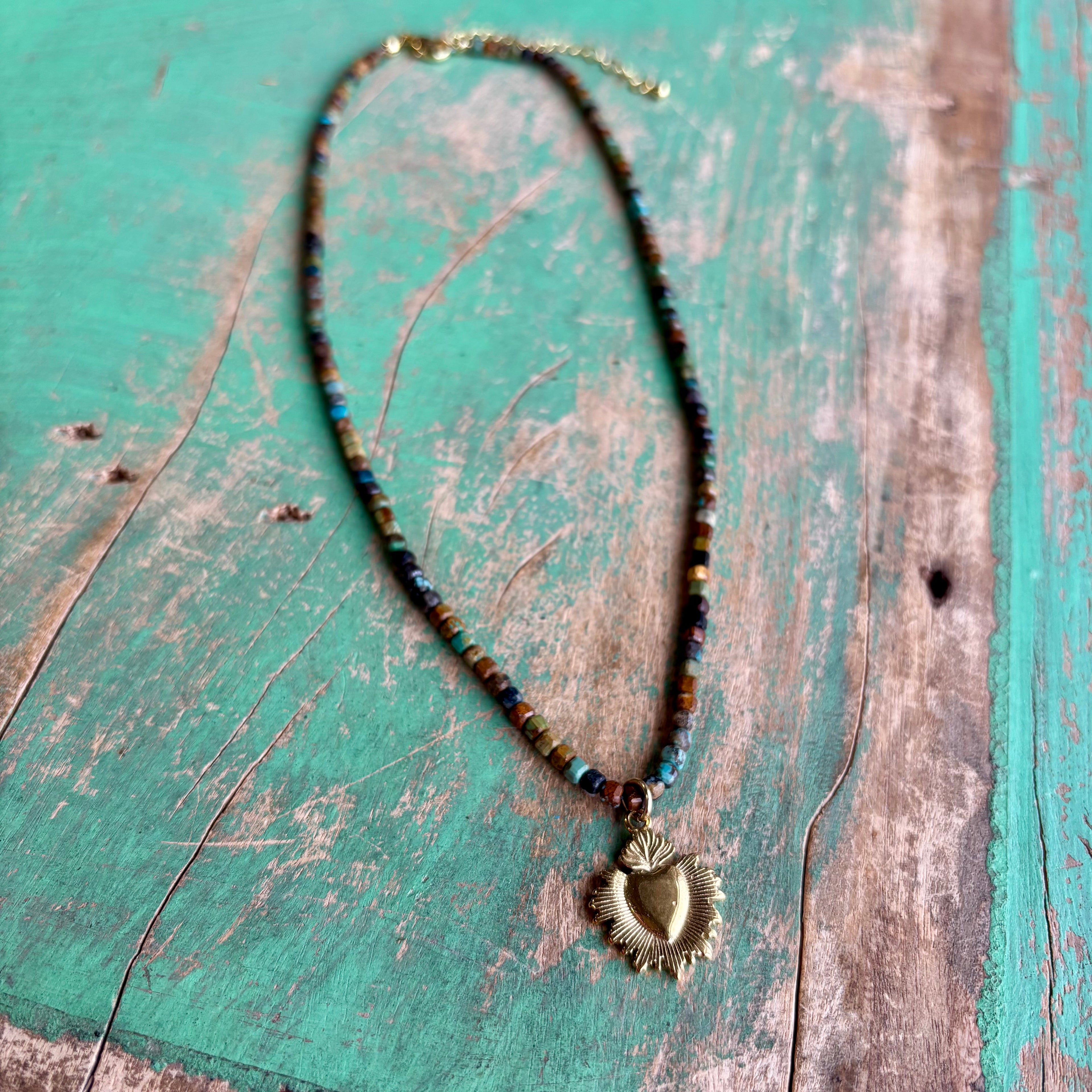 Natural HuBei Turquoise Cube Beaded Sacred Heart Necklace