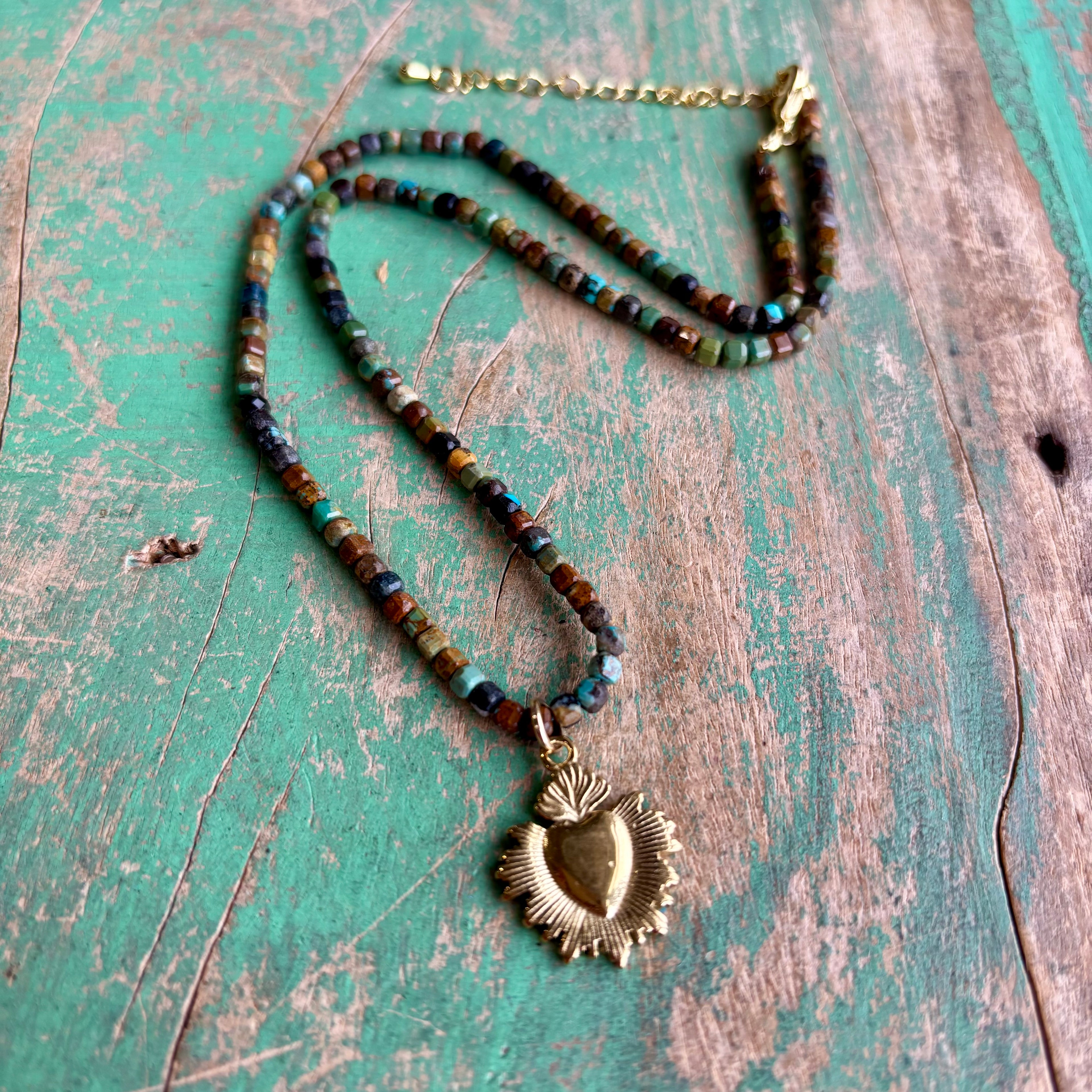 Natural HuBei Turquoise Cube Beaded Sacred Heart Necklace