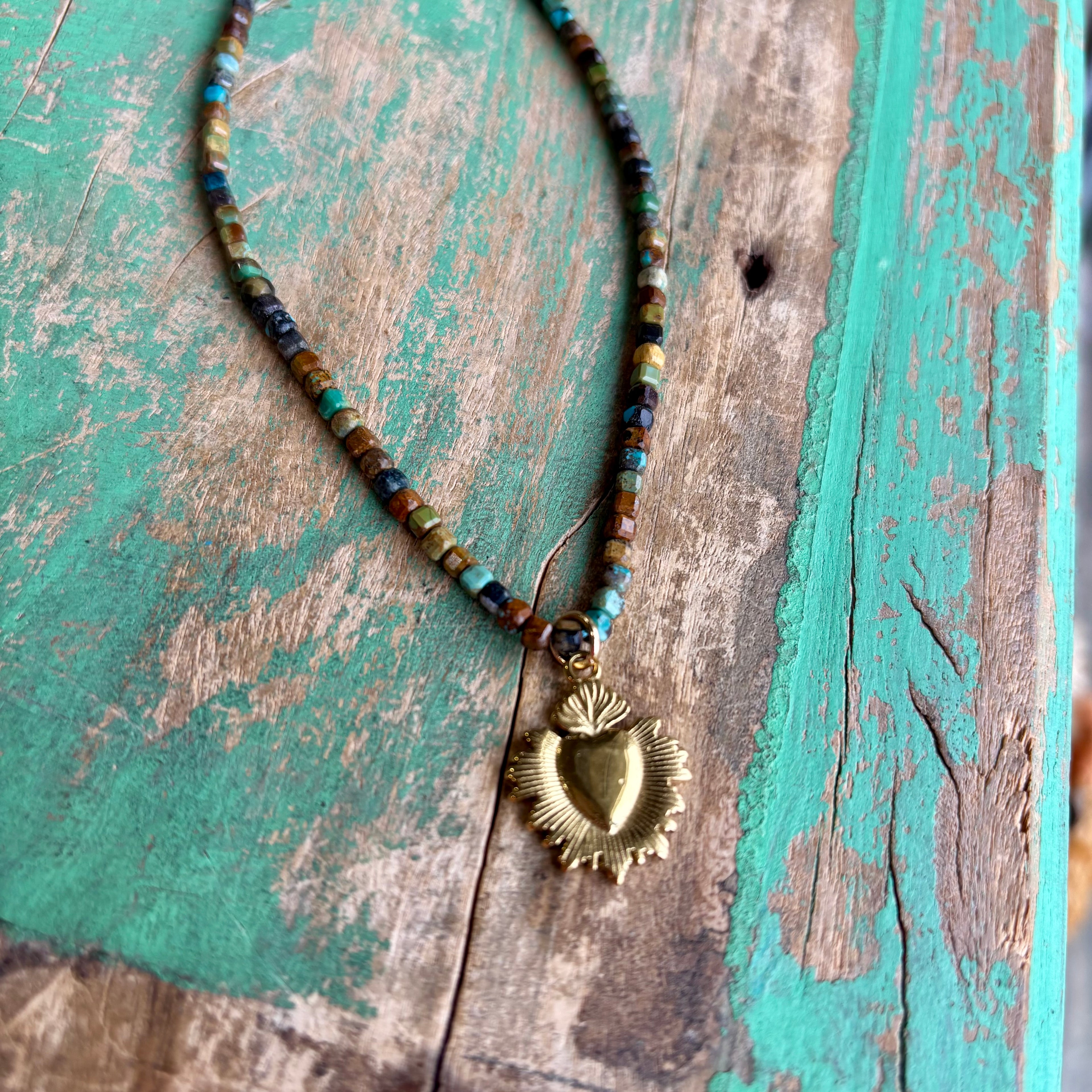 Natural HuBei Turquoise Cube Beaded Sacred Heart Necklace