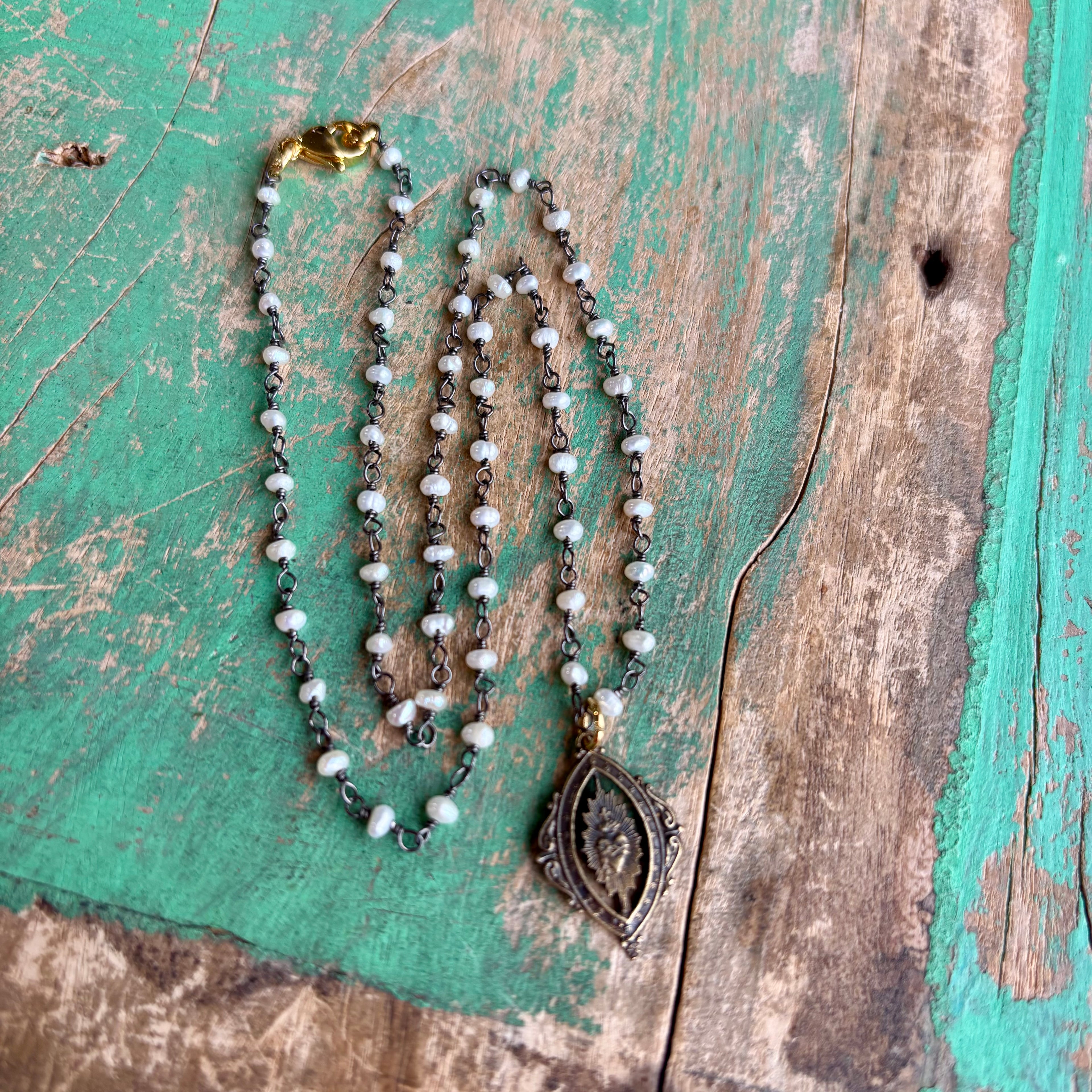 Dainty Pearls with Bronze Sacred Heart Necklace or Earrings