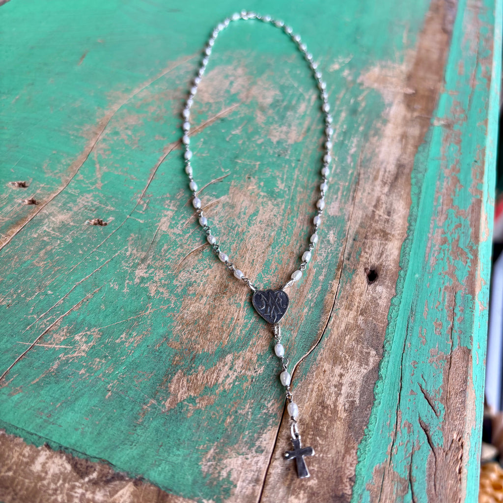 Sterling Silver Freshwater Pearl Miraculous Medal Rosary Centerpiece Necklace