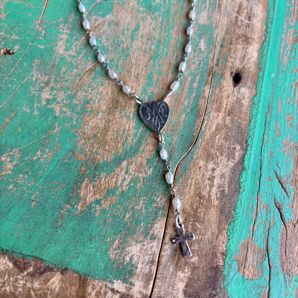 Sterling Silver Freshwater Pearl Miraculous Medal Rosary Centerpiece Necklace