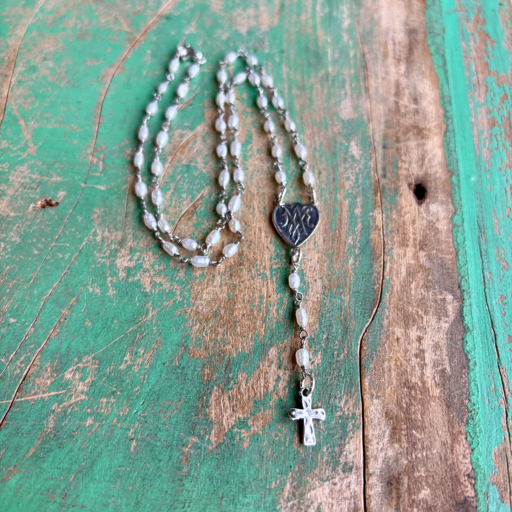 Sterling Silver Freshwater Pearl Miraculous Medal Rosary Centerpiece Necklace