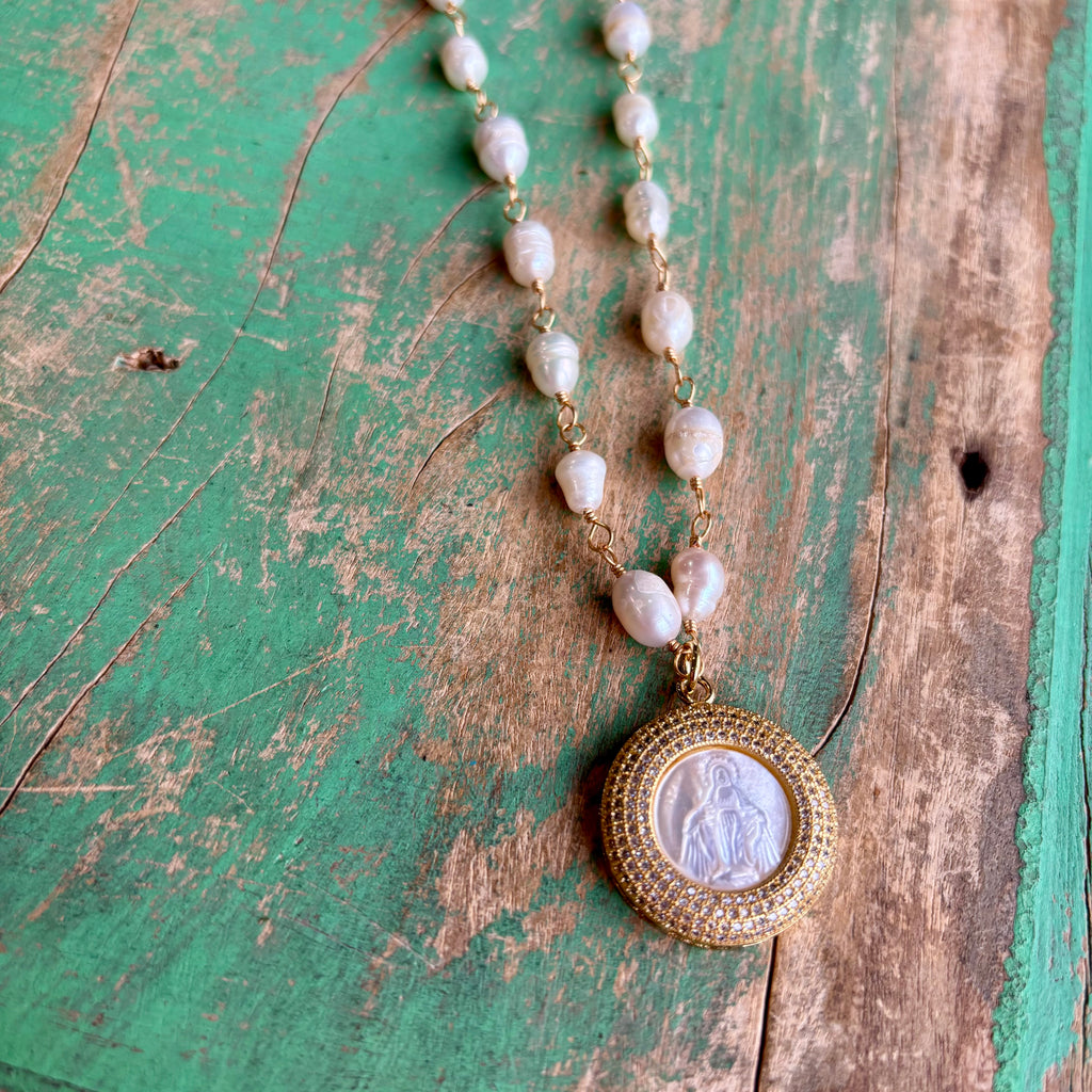 Pearl Our Lady of Grace CZ Necklace