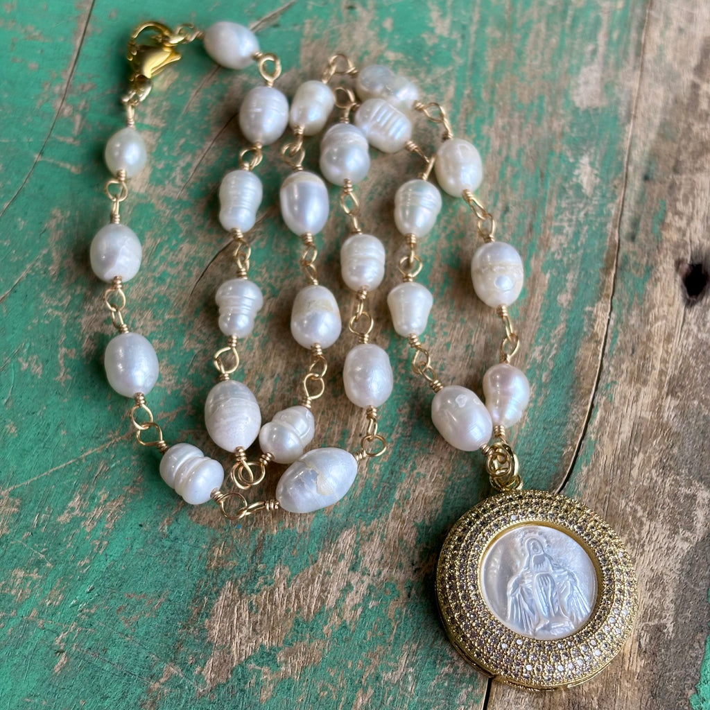 Pearl Our Lady of Grace CZ Necklace
