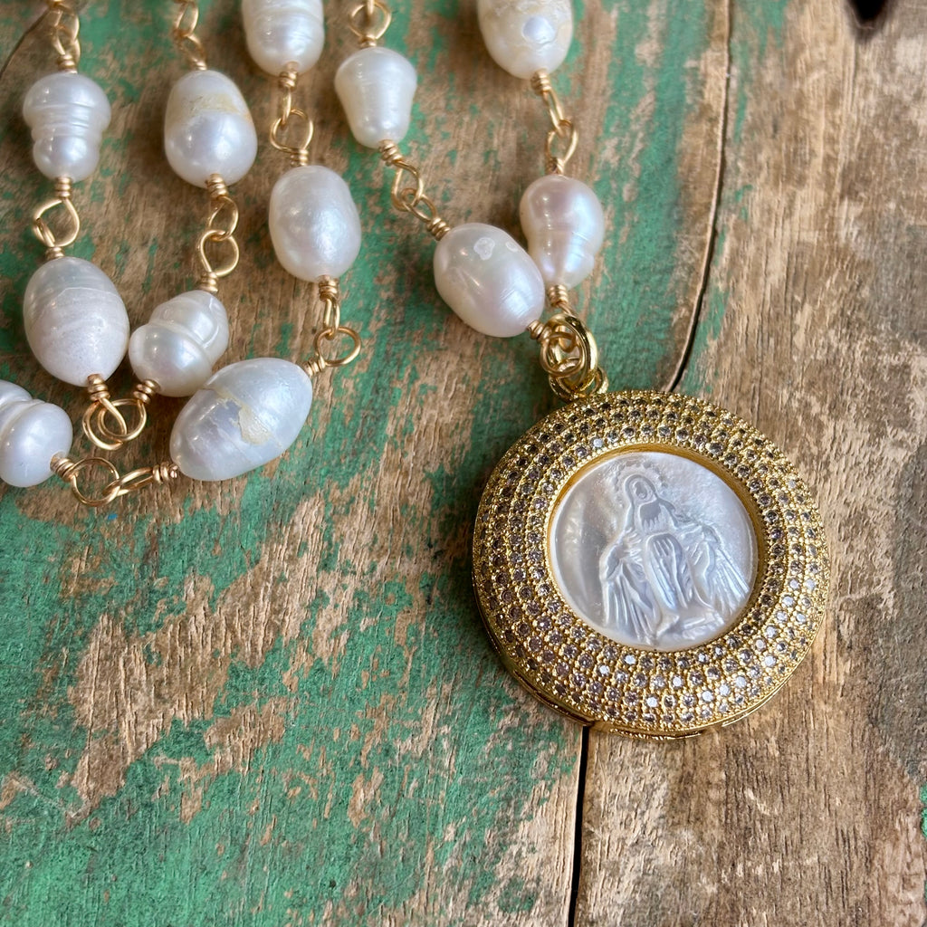 Pearl Our Lady of Grace CZ Necklace