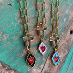 Sacred Heart Cross Locket Paperclip Necklace