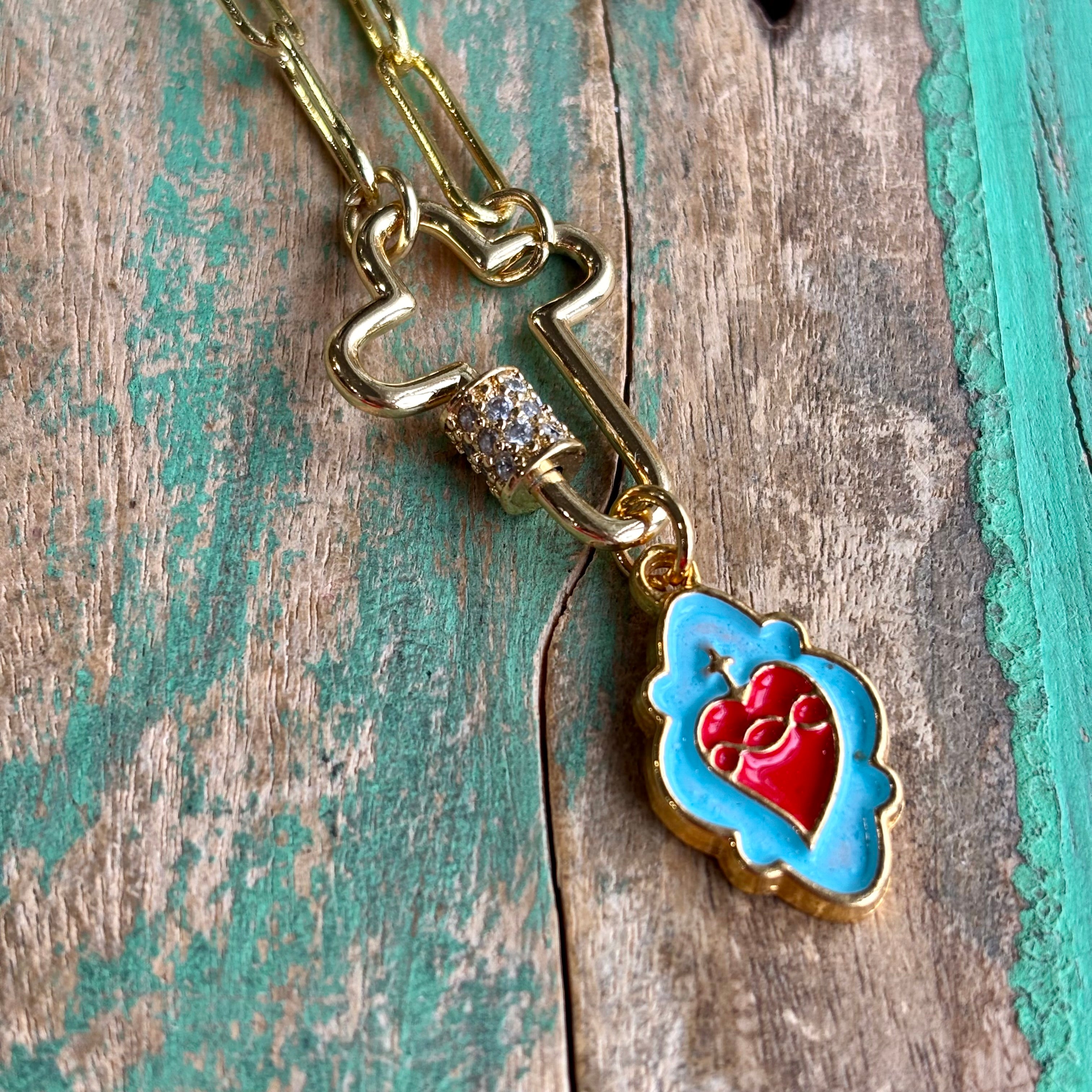 Sacred Heart Cross Locket Paperclip Necklace