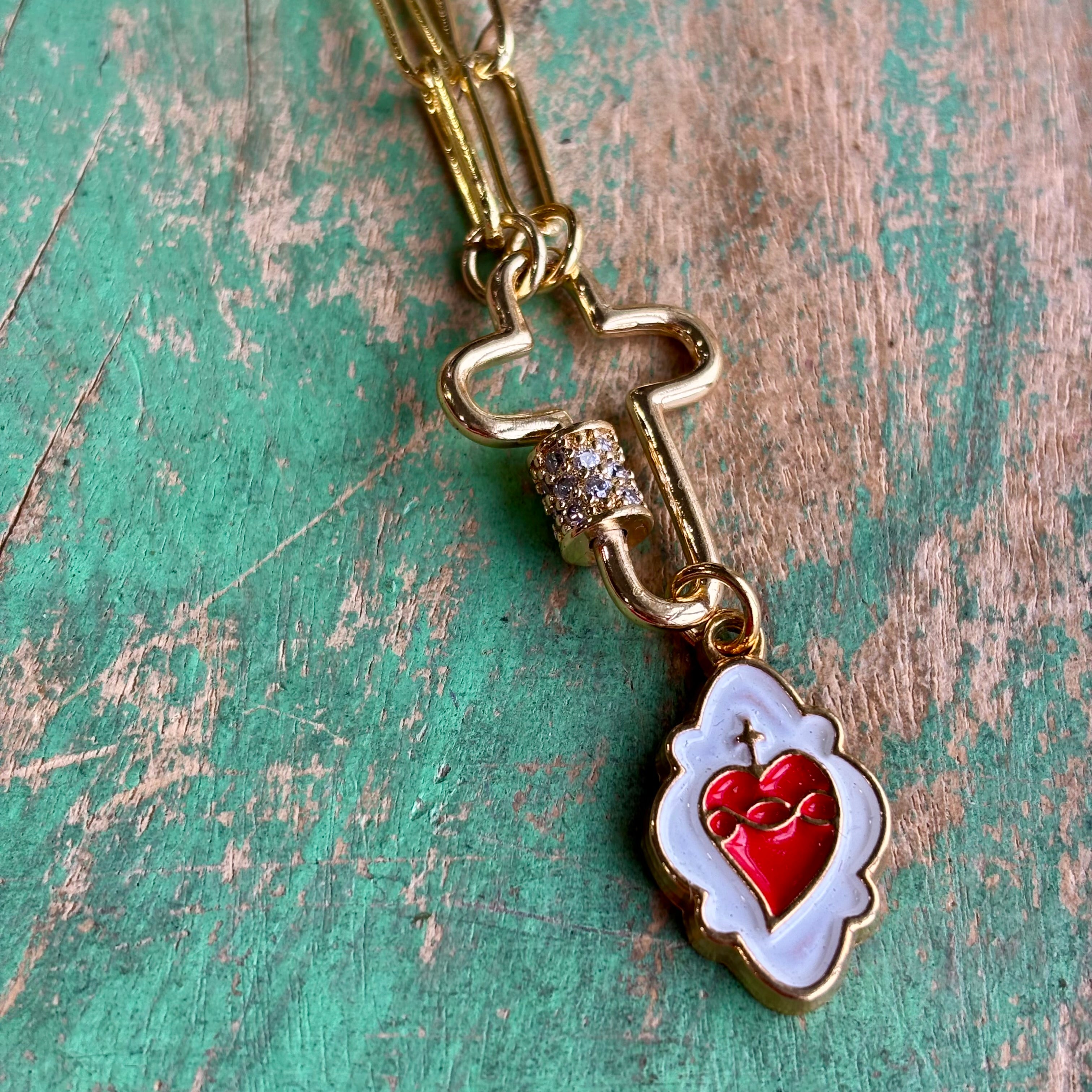 Sacred Heart Cross Locket Paperclip Necklace