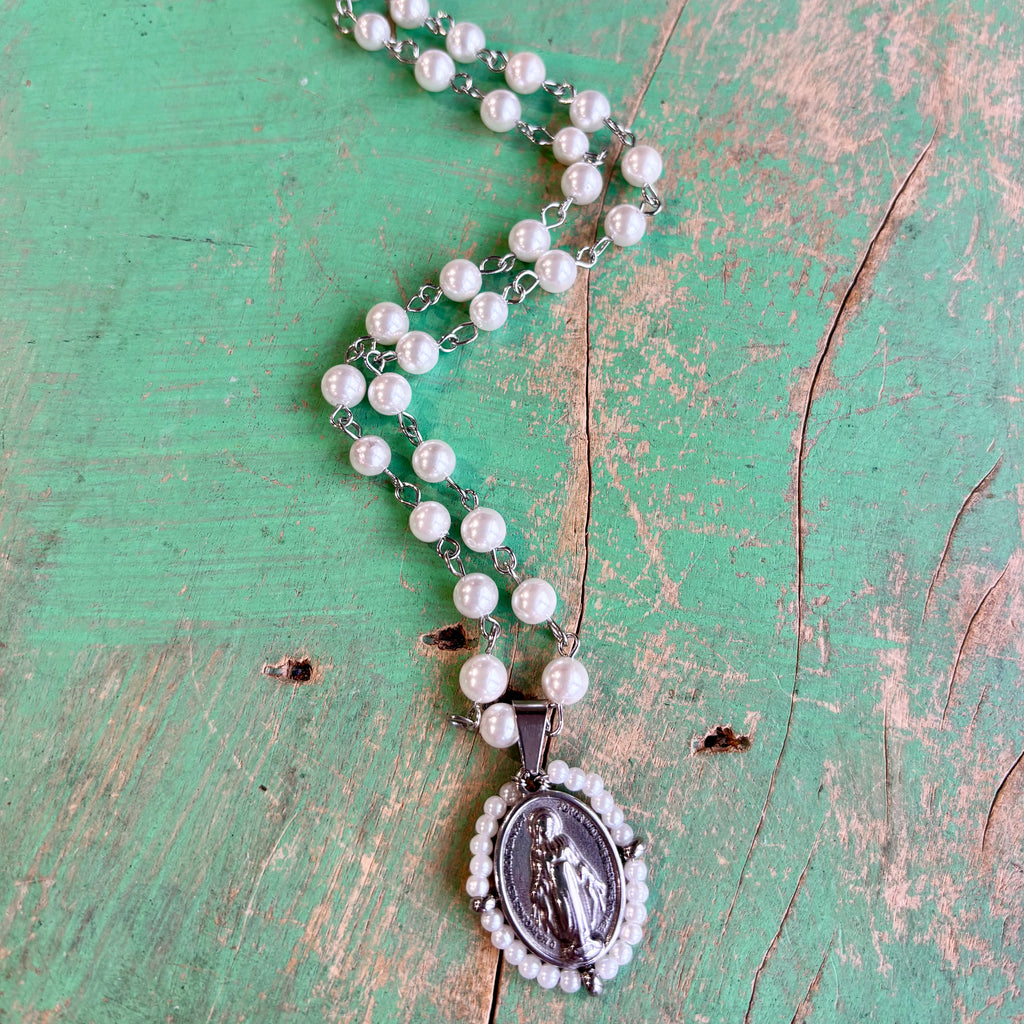 Pearl Miraculous Medal Necklace