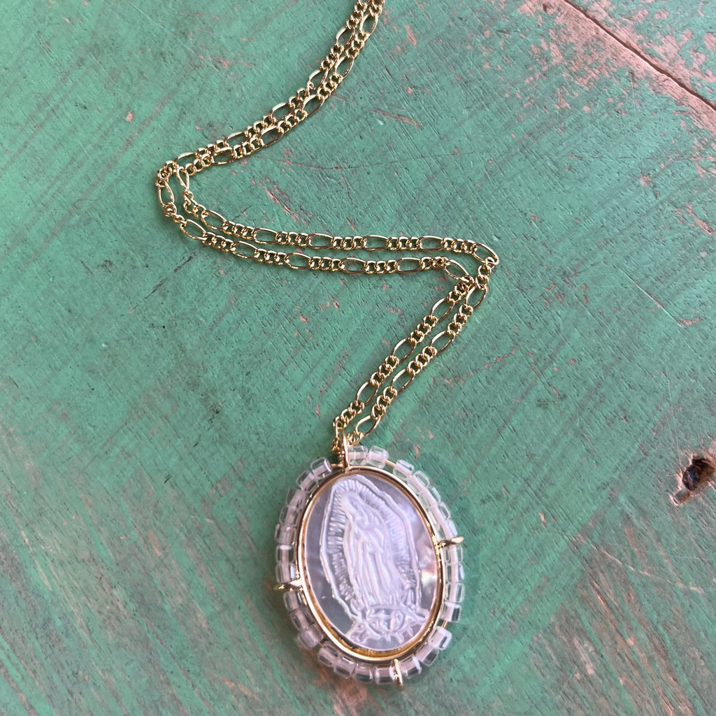 Figaro Chain with Oval OLG Mother of Pearl Beaded Pendant