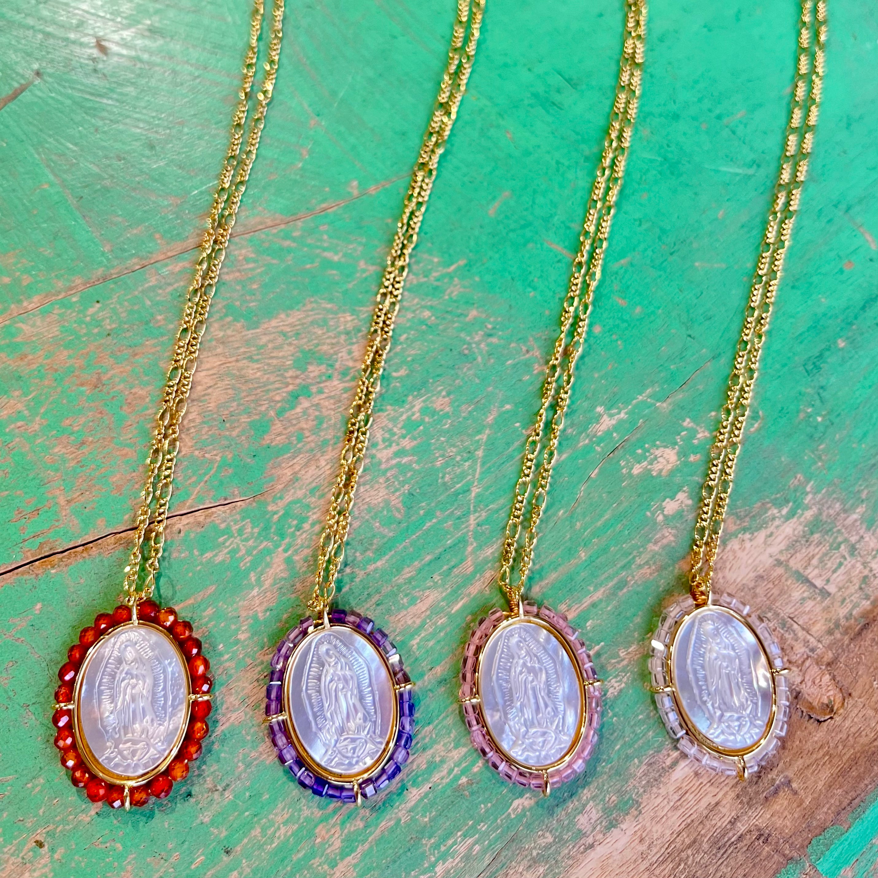 Figaro Chain with Oval OLG Mother of Pearl Beaded Pendant