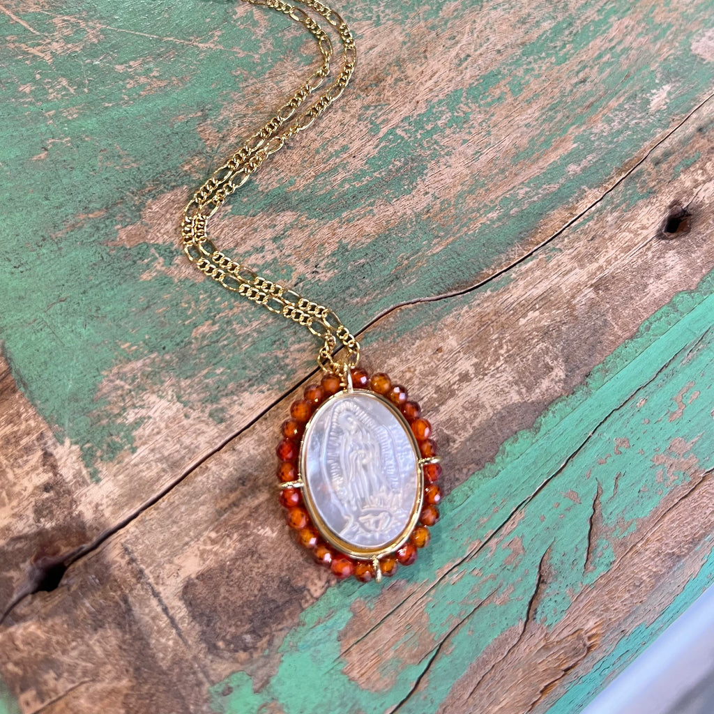 Figaro Chain with Oval OLG Mother of Pearl Beaded Pendant