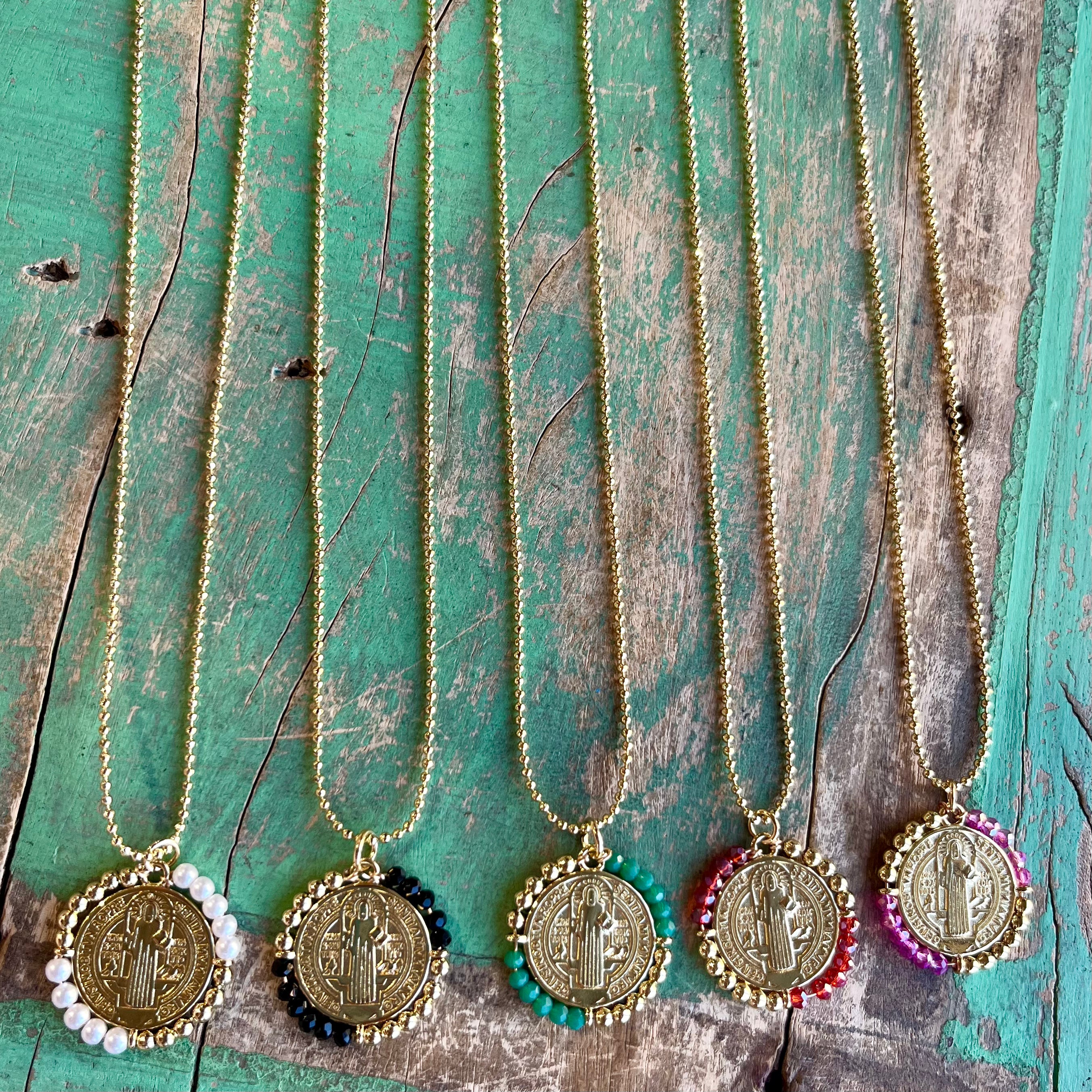 Crystal Beaded St Benedict Gold Chain Necklace