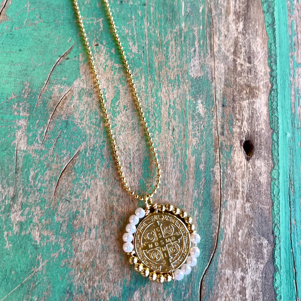 Crystal Beaded St Benedict Gold Chain Necklace