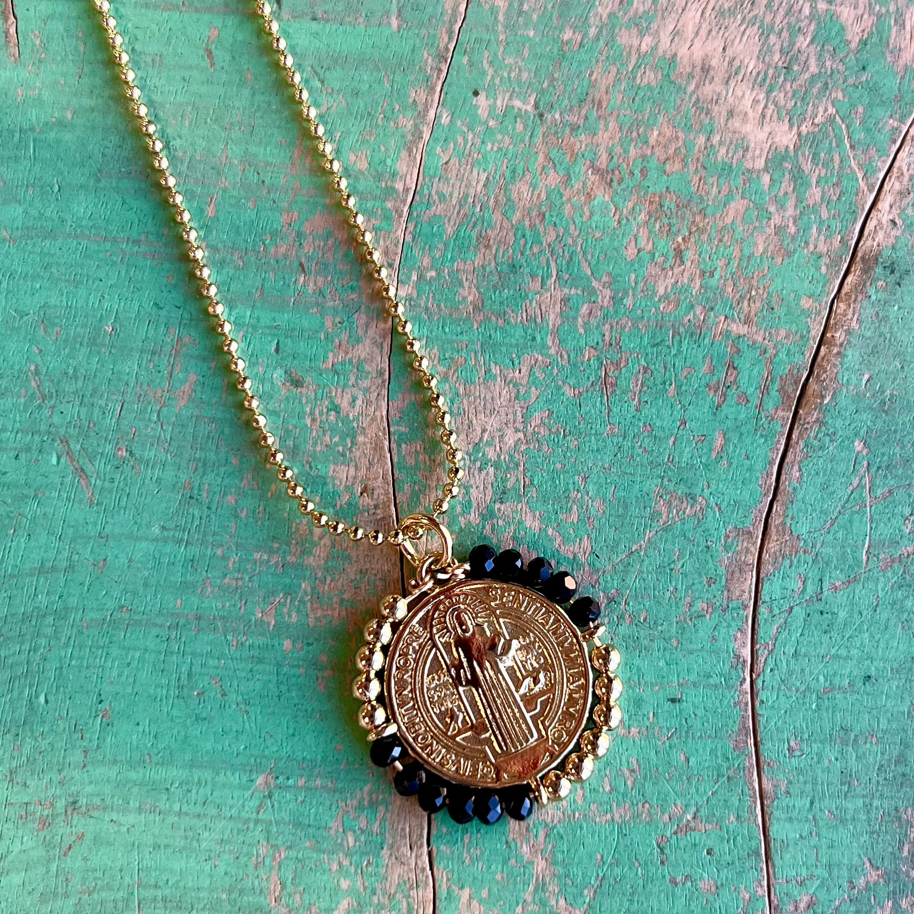 Crystal Beaded St Benedict Gold Chain Necklace