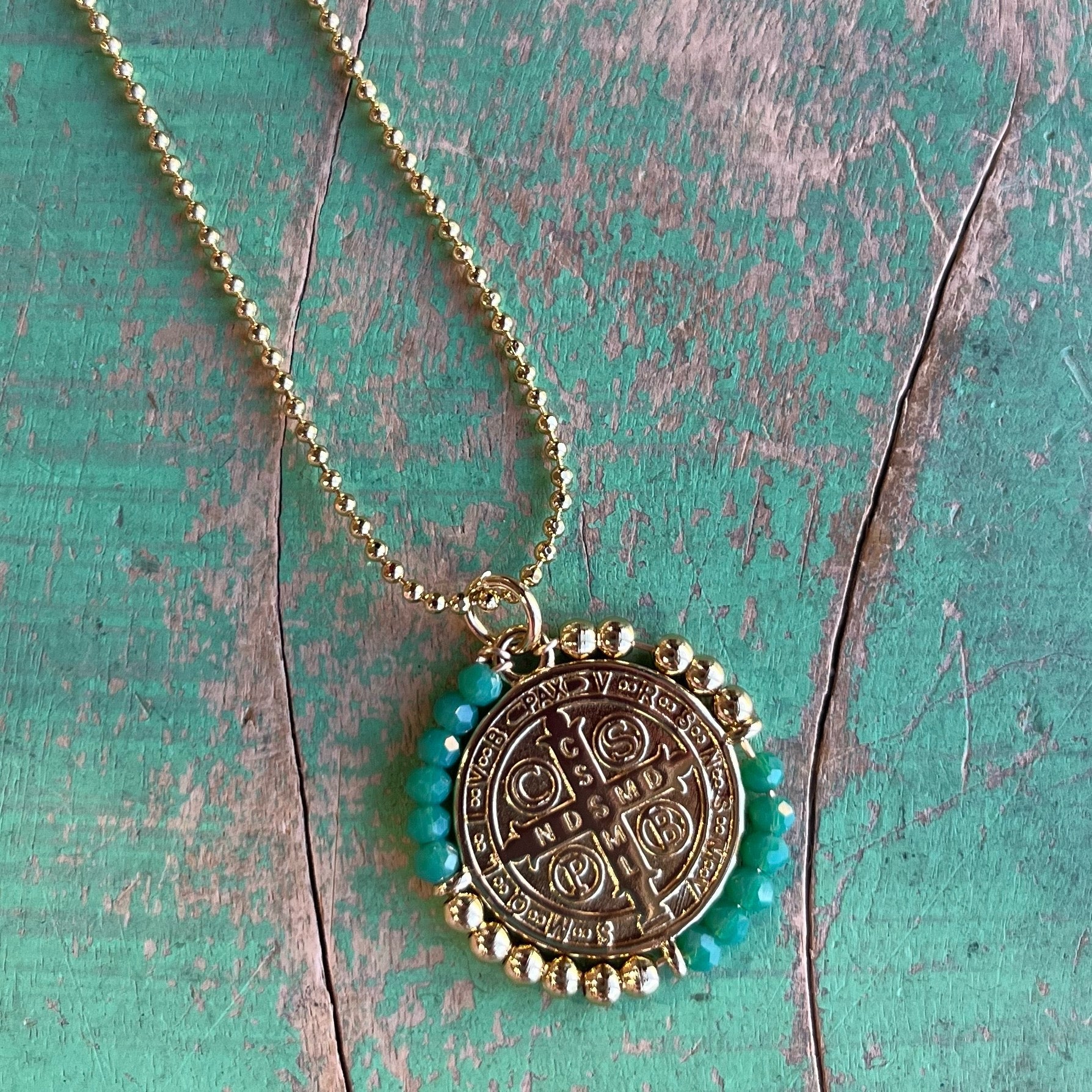Crystal Beaded St Benedict Gold Chain Necklace