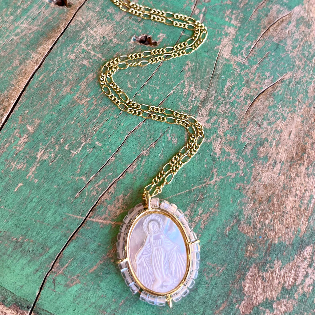 Figaro Chain with Oval Our Lady of Grace Mother of Pearl Beaded Pendant