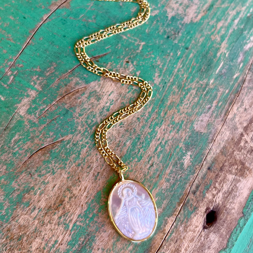 Figaro Chain with Mother of Pearl Our Lady of Grace Necklace
