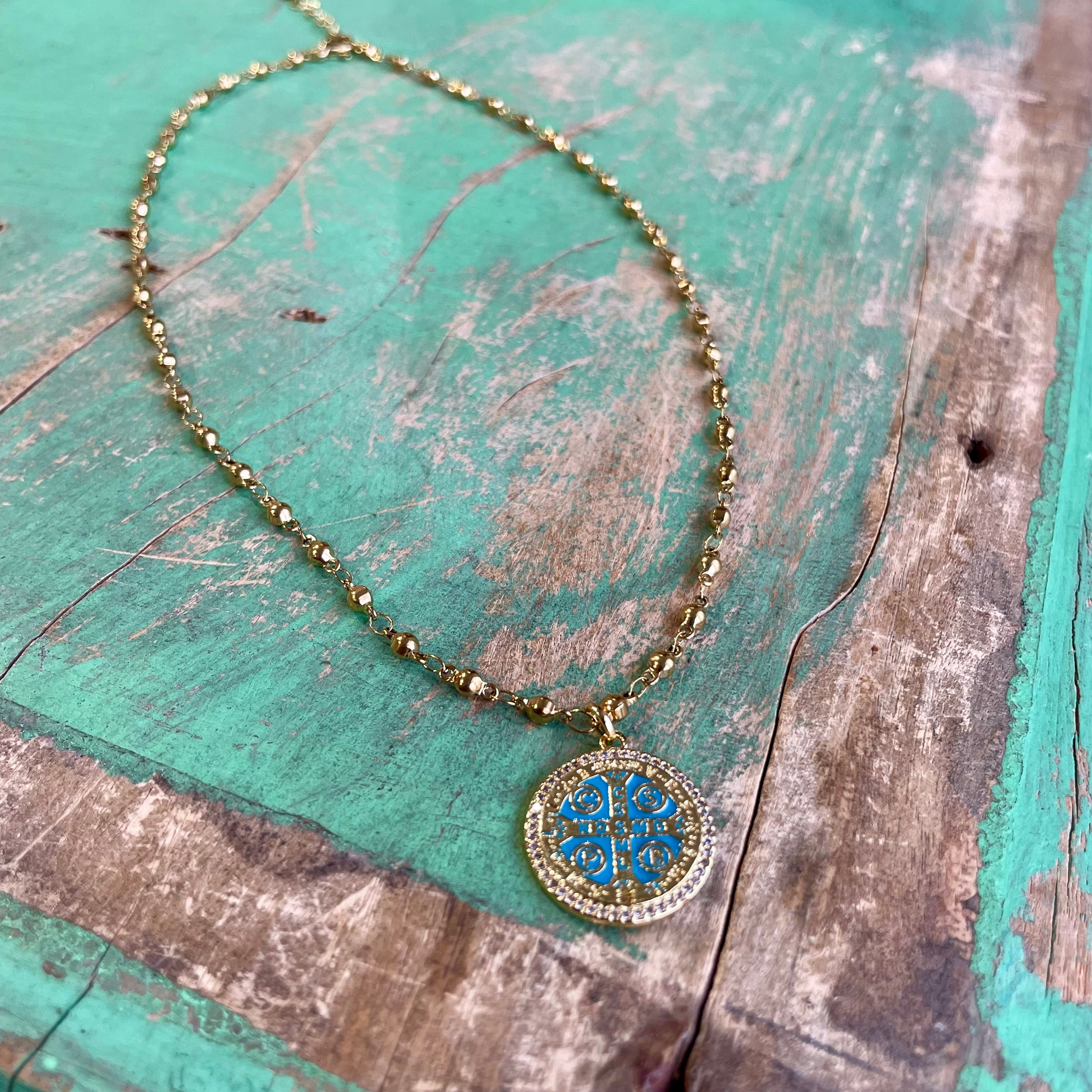 Turquoise St Benedict Ball Chain Necklace